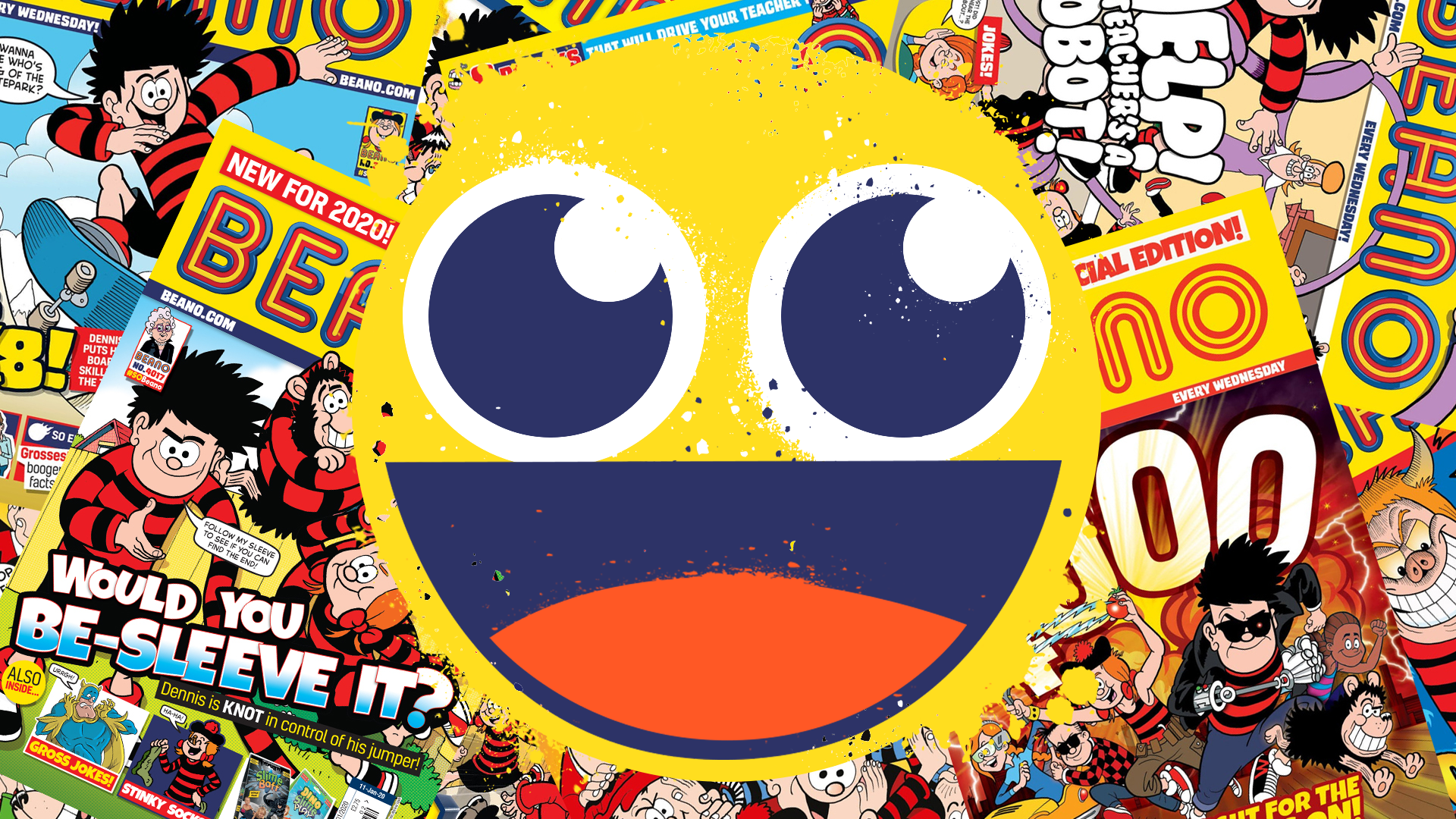 Smiley emoji on beano comic background 