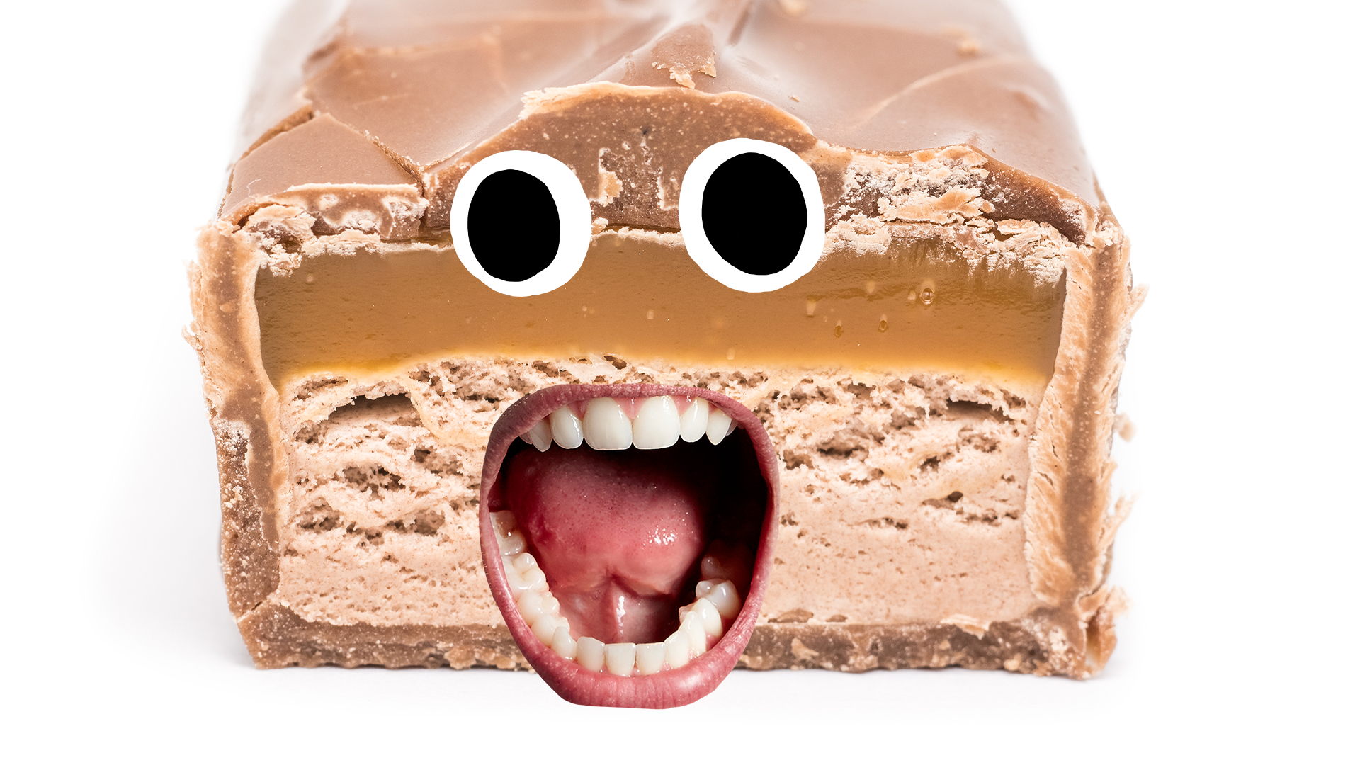 Mars bar with goofy face on white background 