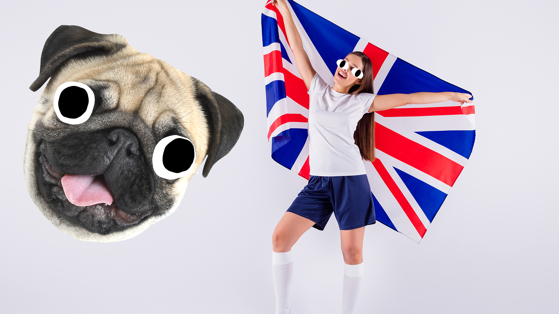 Woman with UK flag on white background with derpy dog face