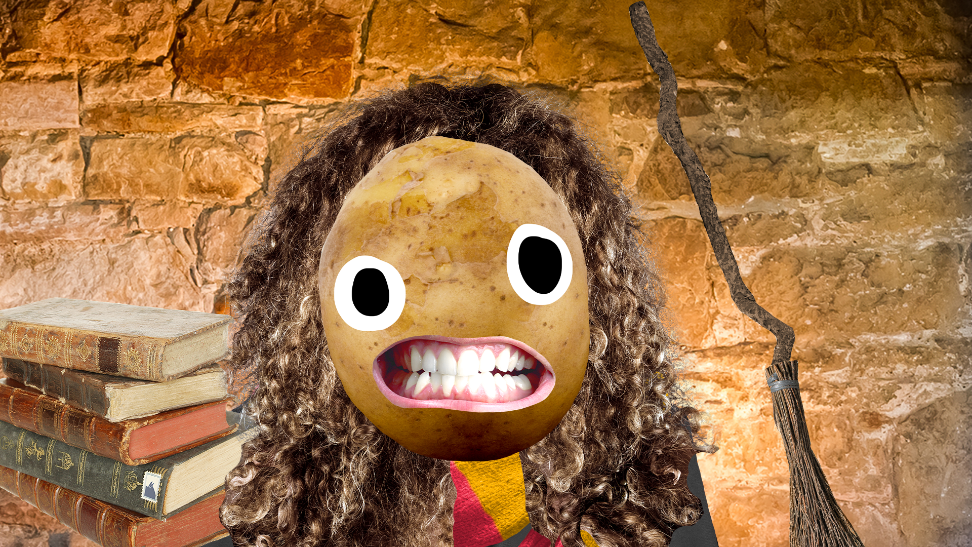 Potato Hermione on brick background with books and broom