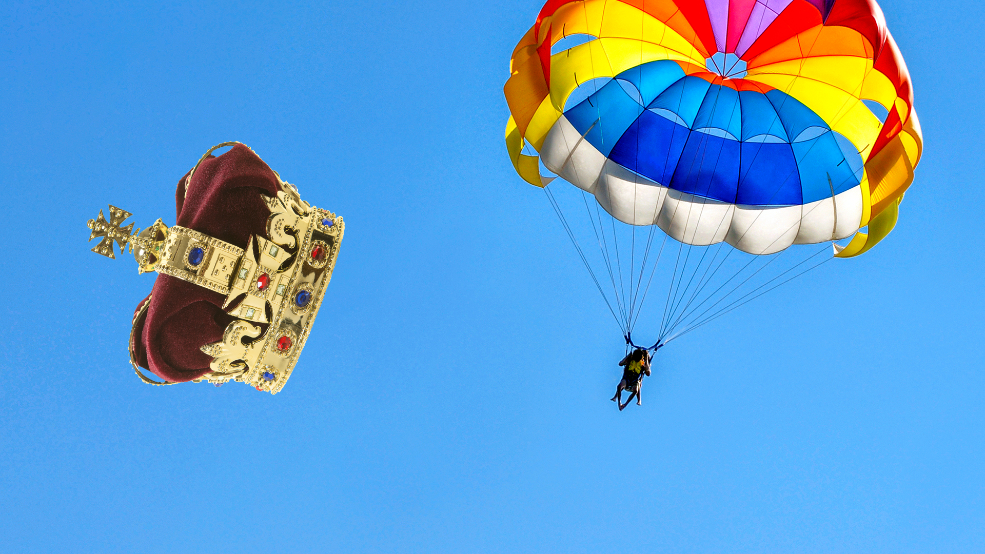 Person with parachute in sky and crown