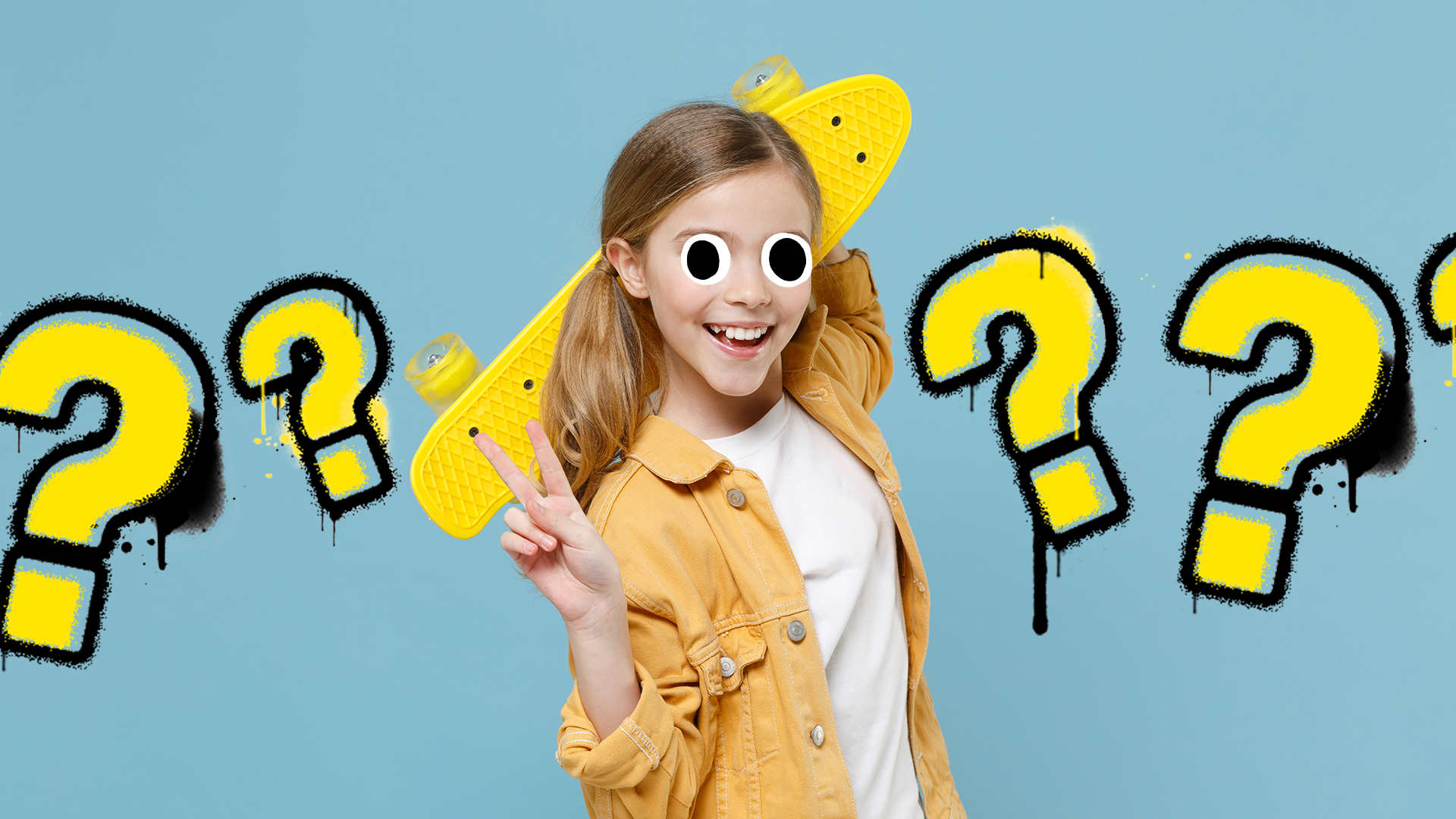 Girl with skateboard on blue background with question marks