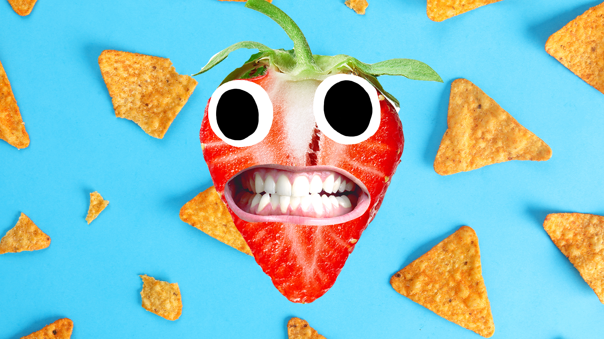 Strawberry with derpy face on dorito background 