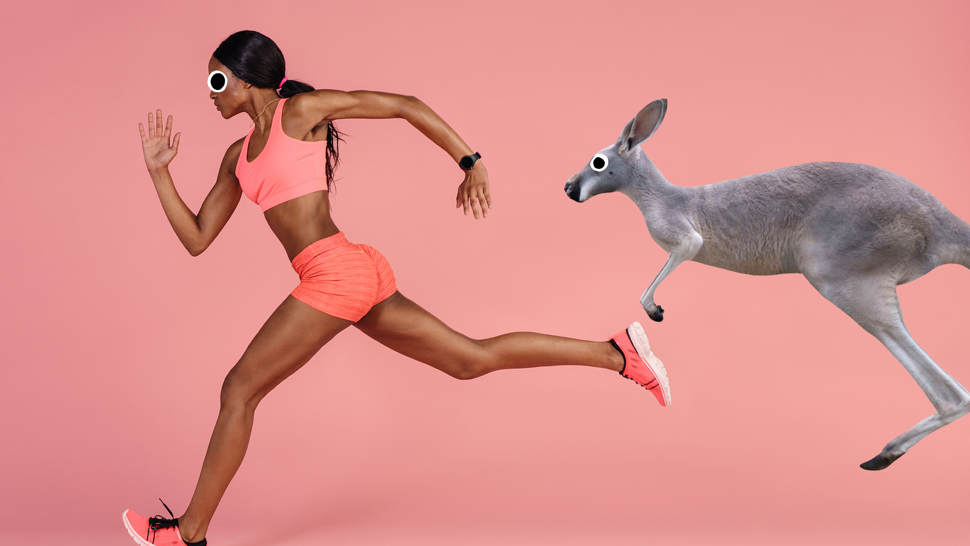 Woman running on pink background with Beano kangaroo 