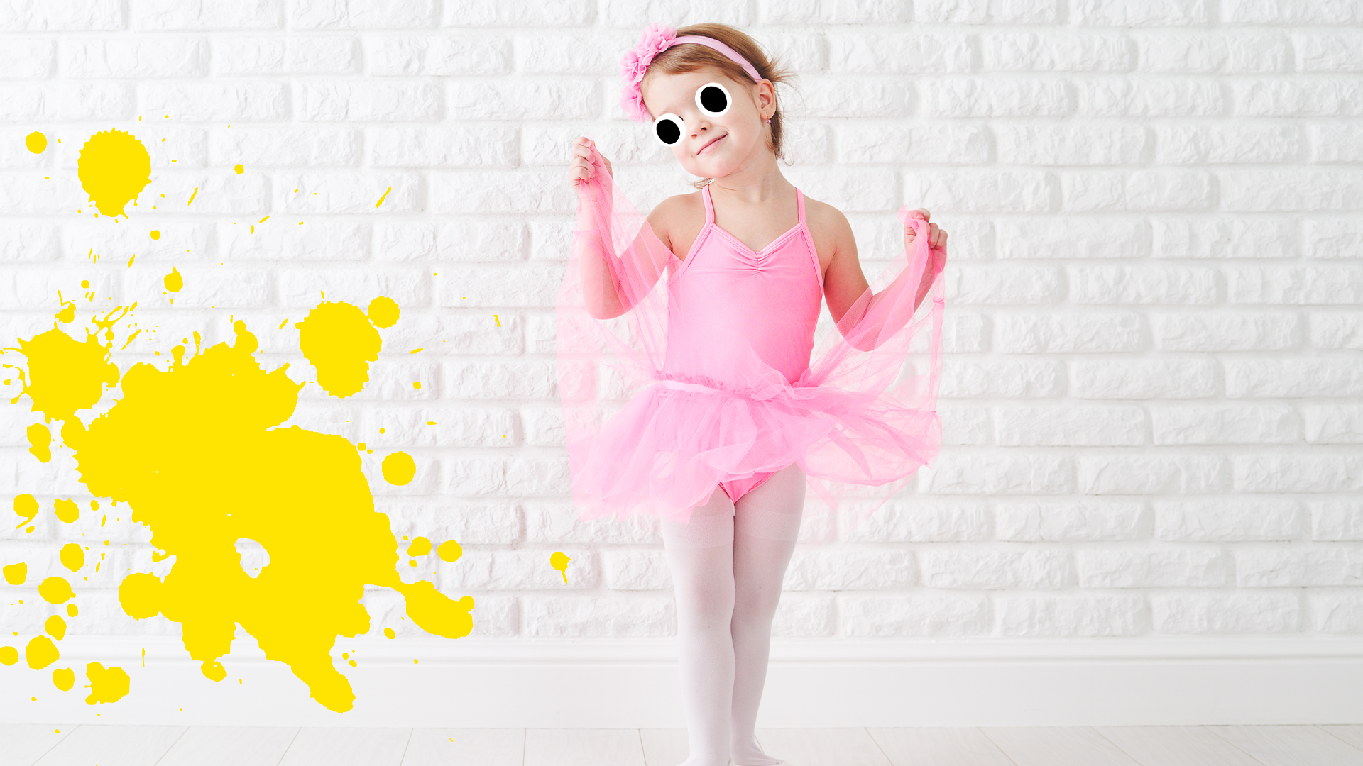 Little girl in tutu on white background with yellow splat 