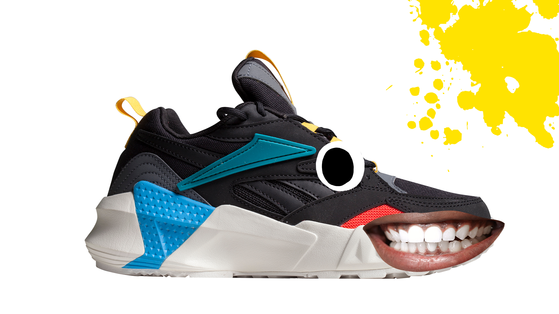 Shoe with goofy face and yellow splat on white background