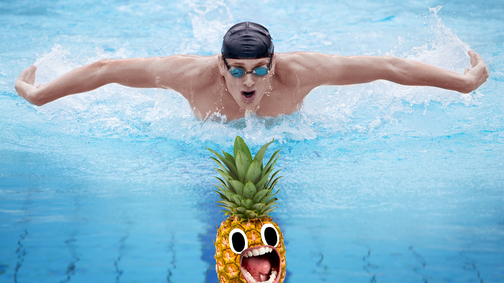 Swimmer in pool and screaming pineapple 