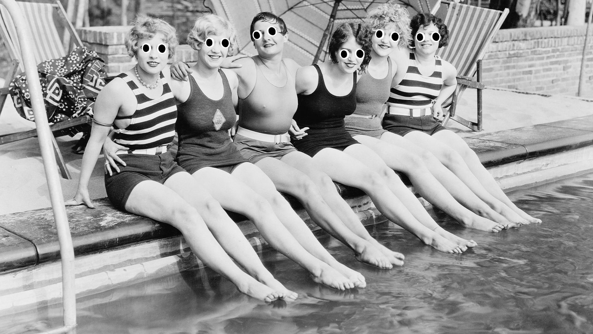 Vintage photo of female swimmers by pool 