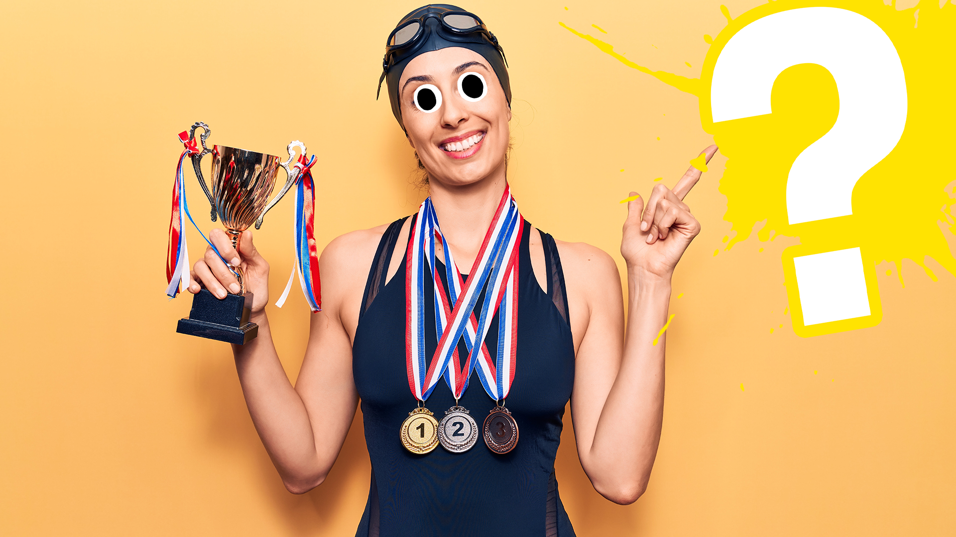 Female swimmer with medals and trophy on orange background with yellow question mark 