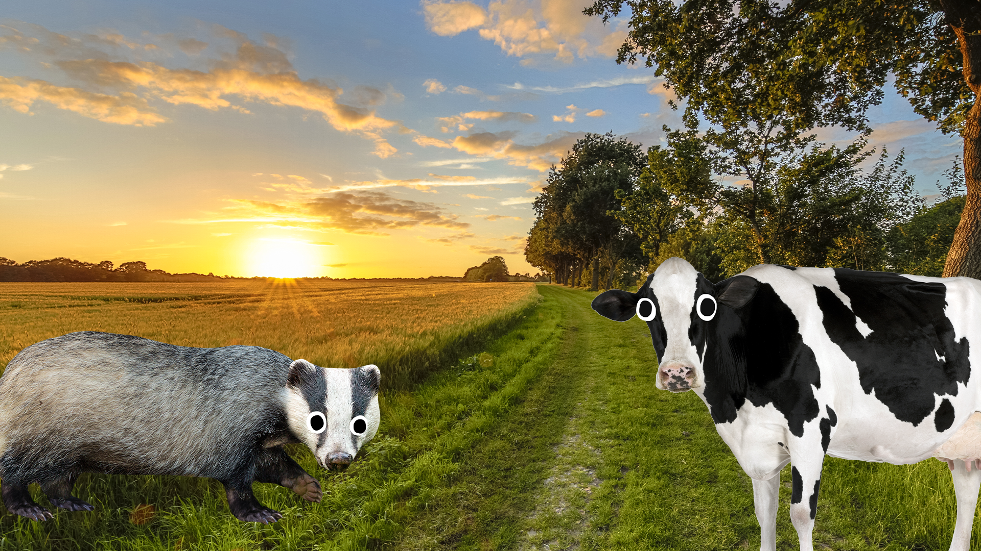 Countryside field with badger and cow 