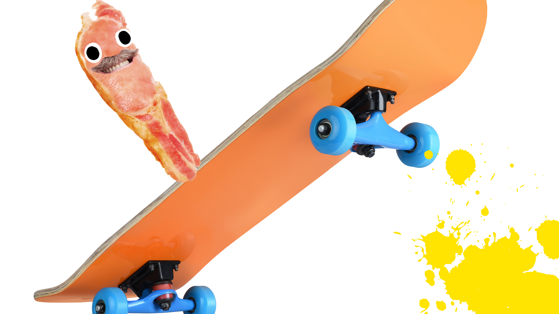 Bacon dad on skateboard with yellow splat on white background 