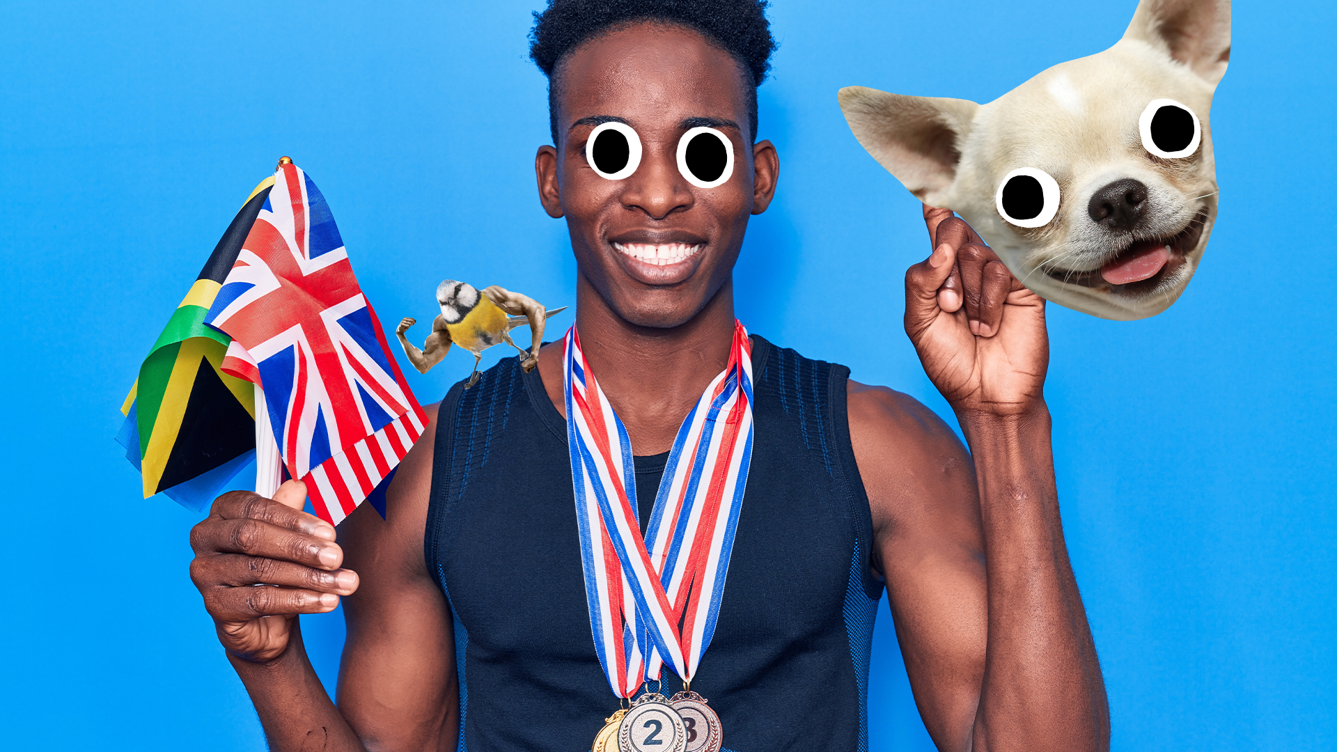 Man holding flags and medal on blue background with derpy dog face