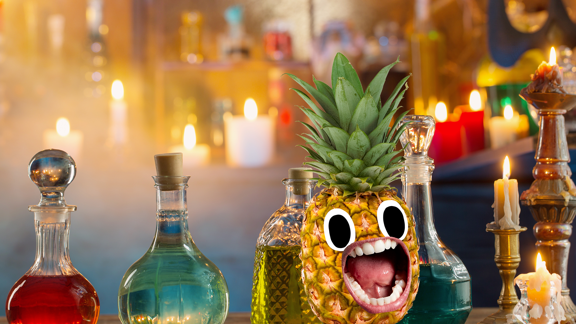 Screaming pineapple next to potion bottles 