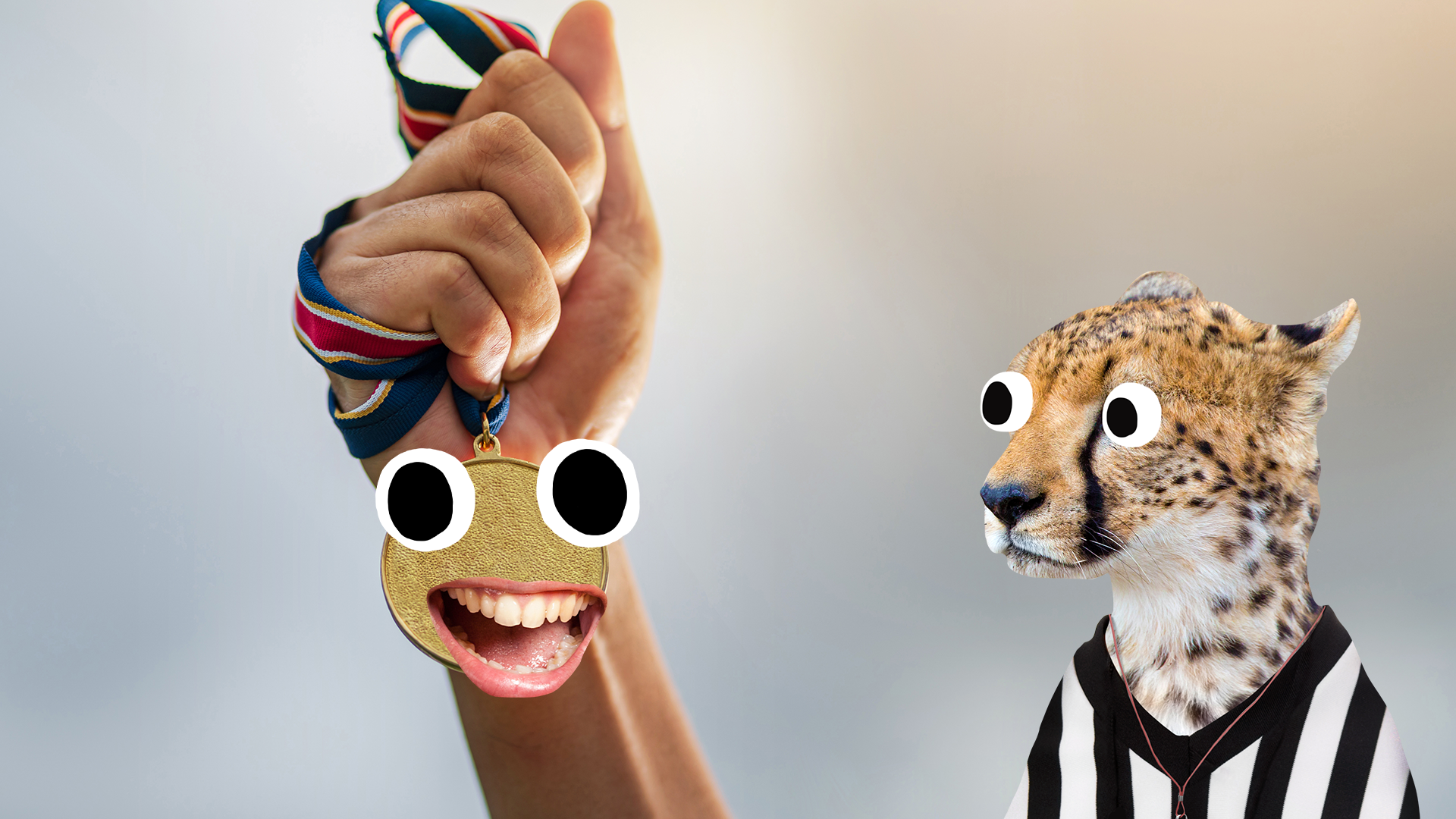 Arm holding medal with face, cheetah referee looking surprised