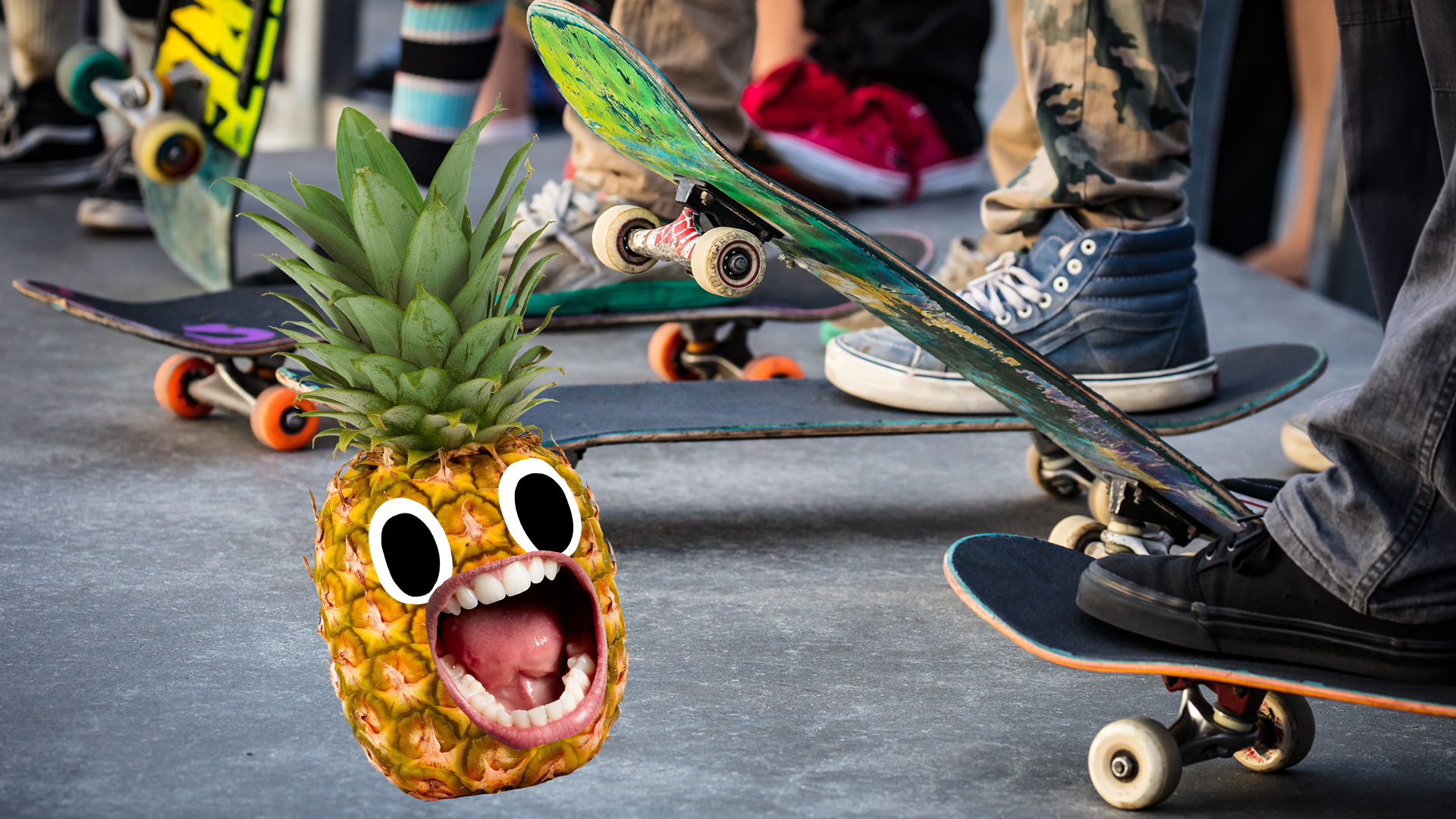 Screaming pineapple next to skateboarder's feet