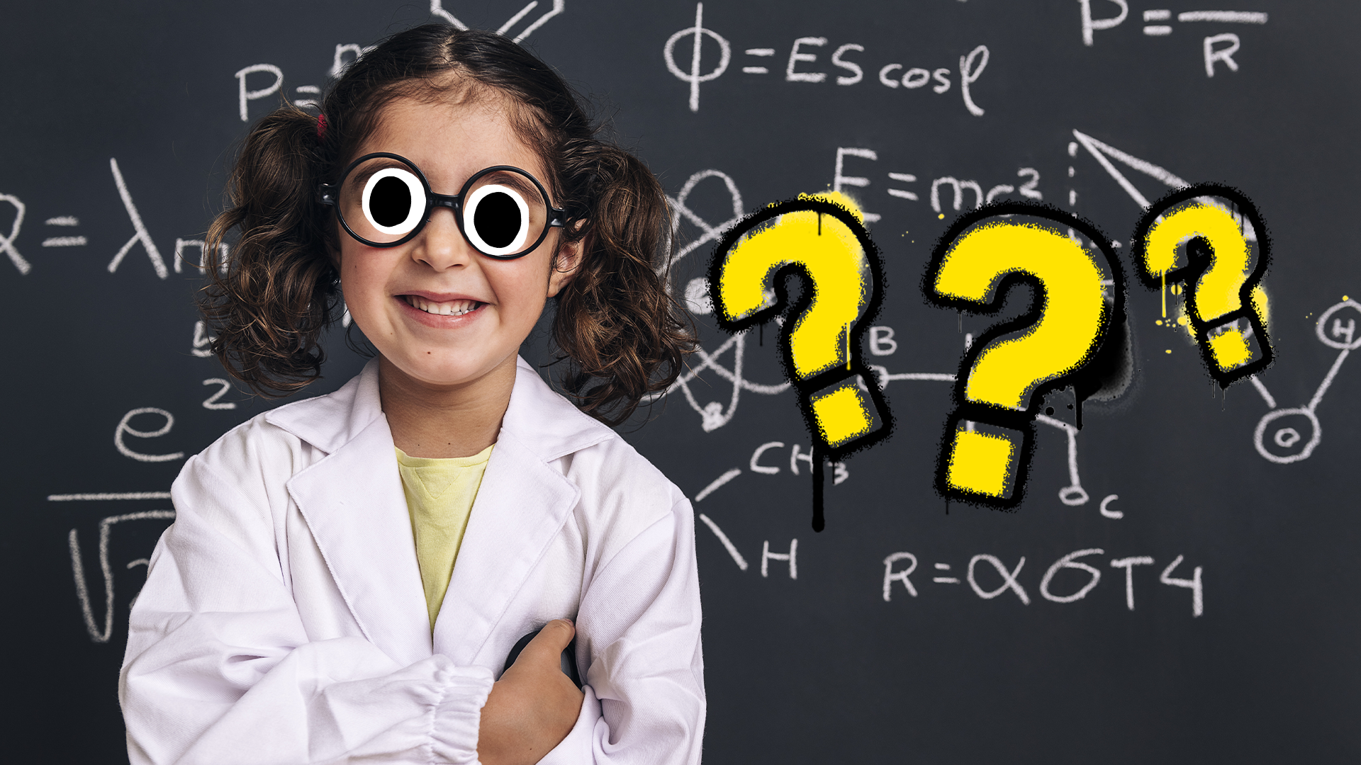 Girl scientist with blackboard and question marks 