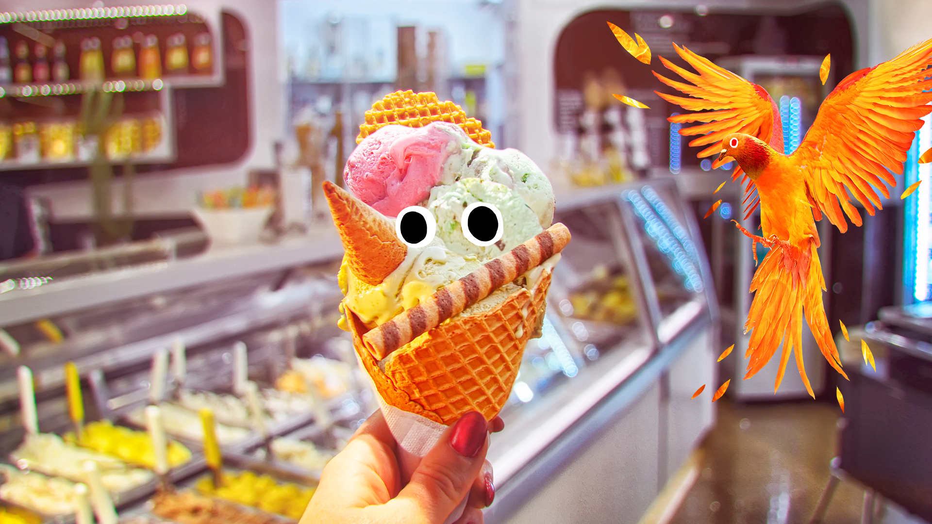 Ice cream with face in icecream shop and Beano phoenix 