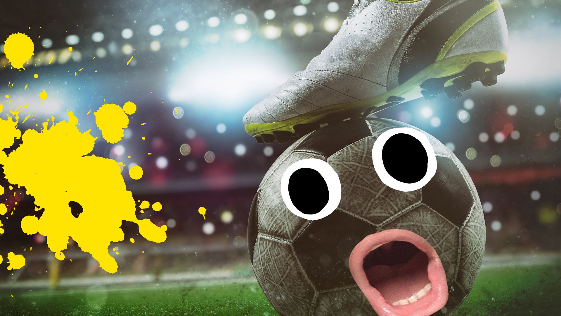 Football boot on football with derpy face in stadium with yellow splat