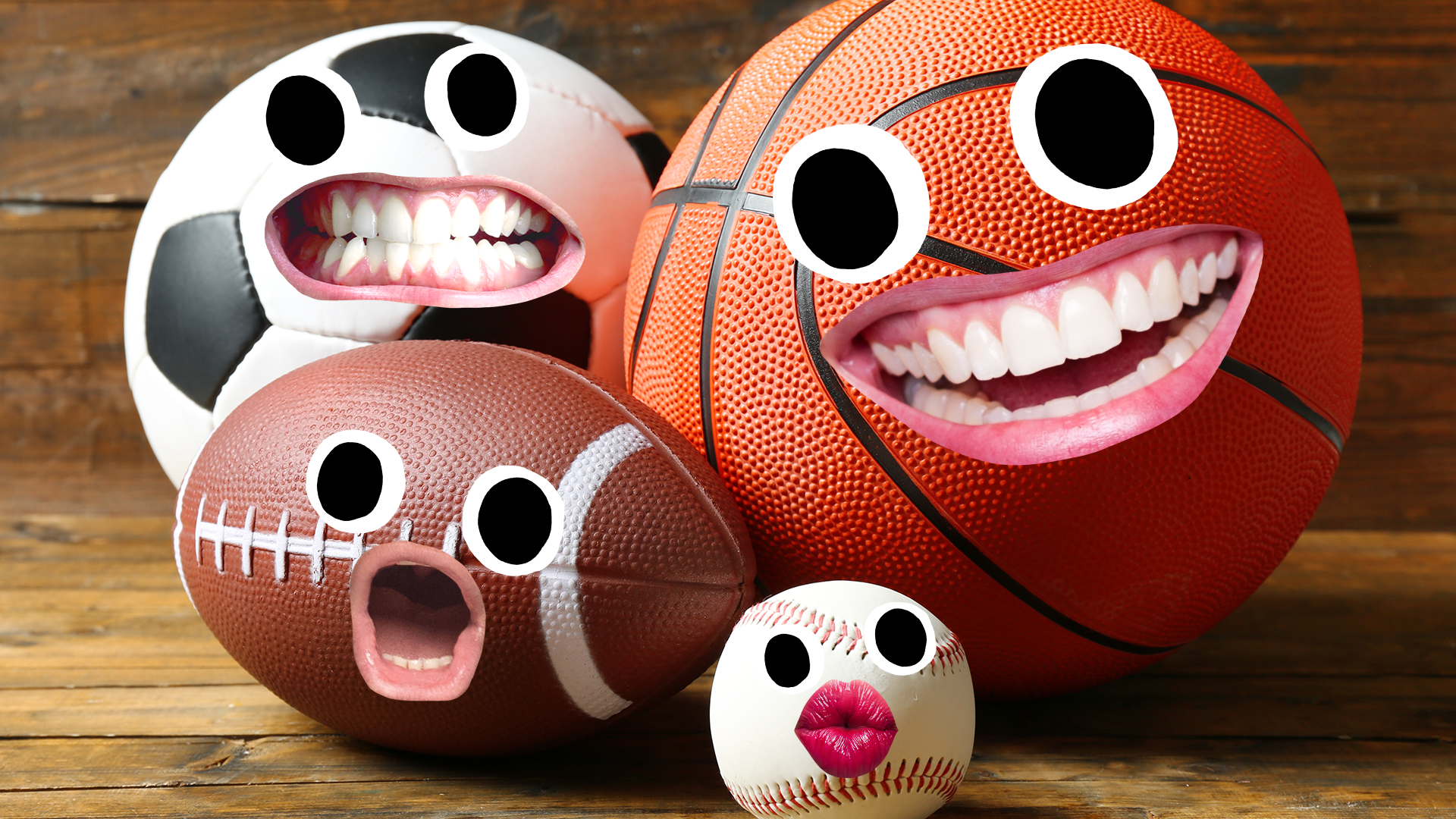 Sports balls with goofy faces