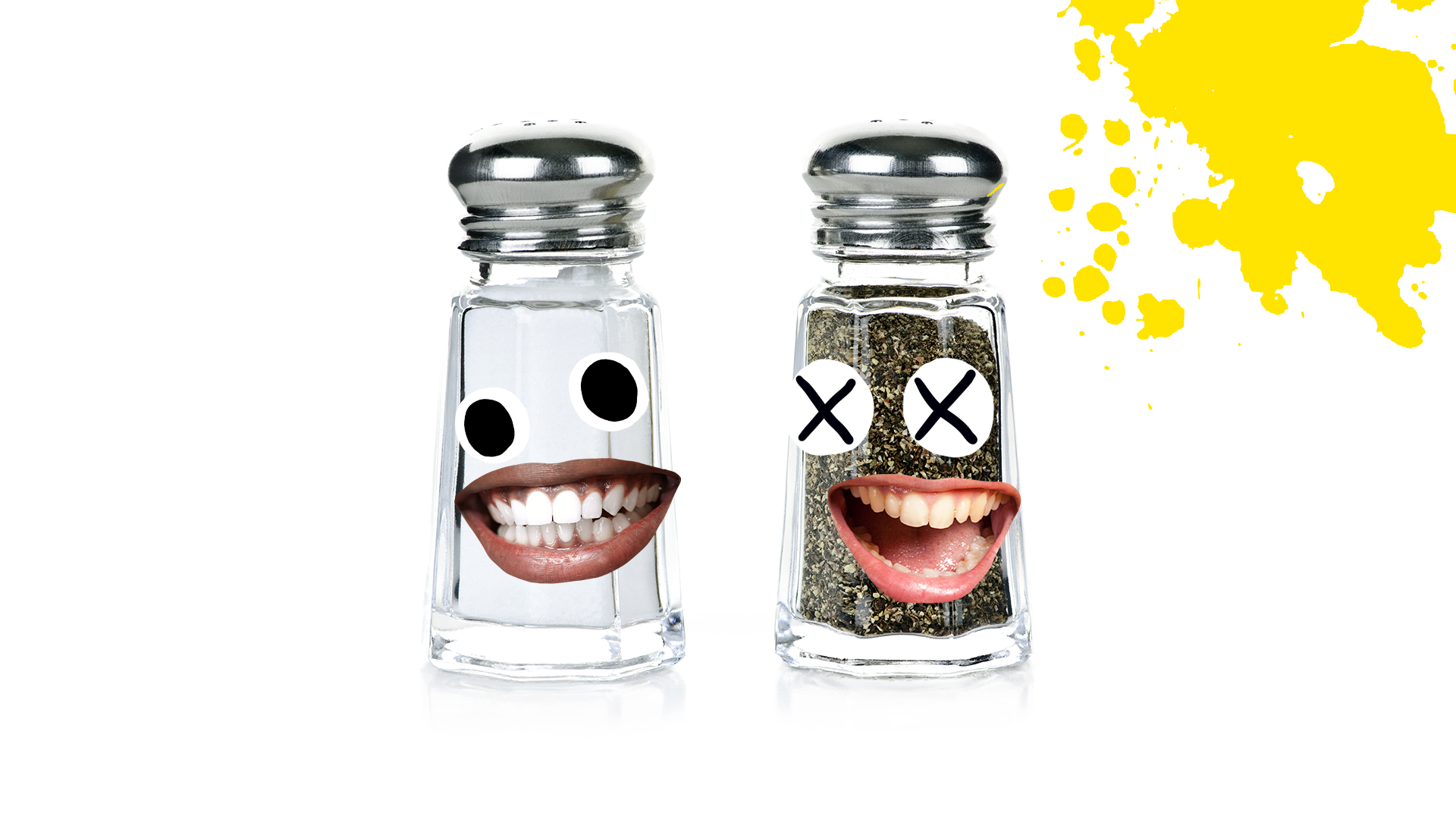 Salt and pepper shakers with derpy faces, yellow and white background