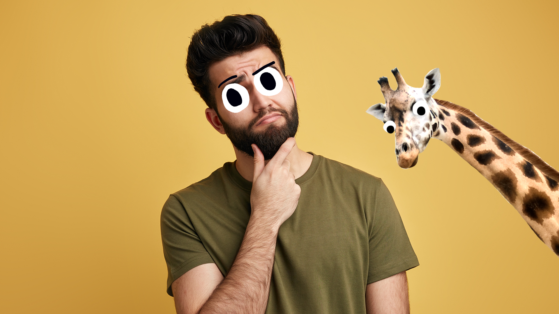 Man thinking on yellow background with derpy giraffe head