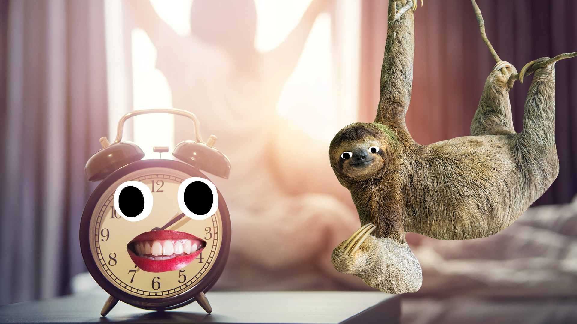 Woman stretching, alarm clock with face, Beano face