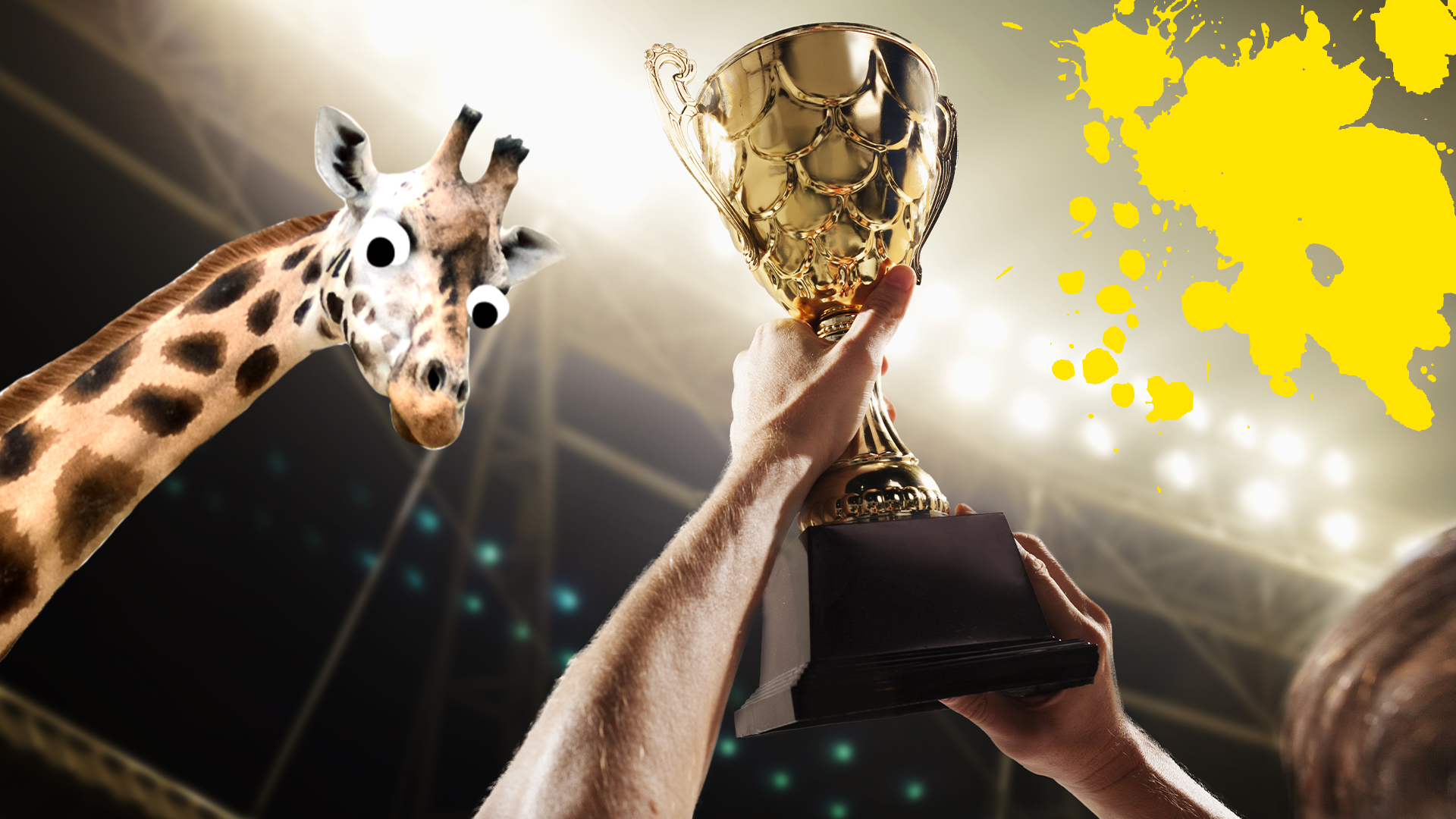 Hand holding trophy in stadium with yellow splats and goofy giraffe