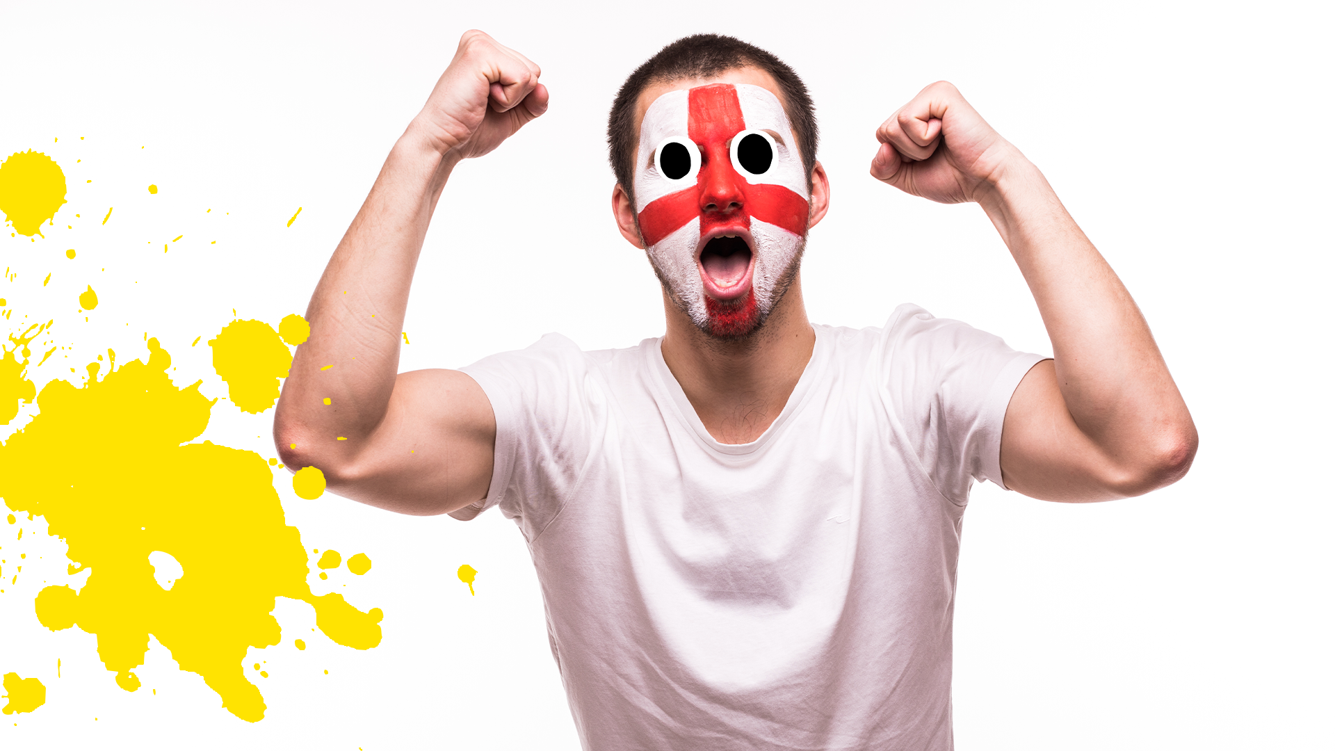 England fan on white background with yellow splat 