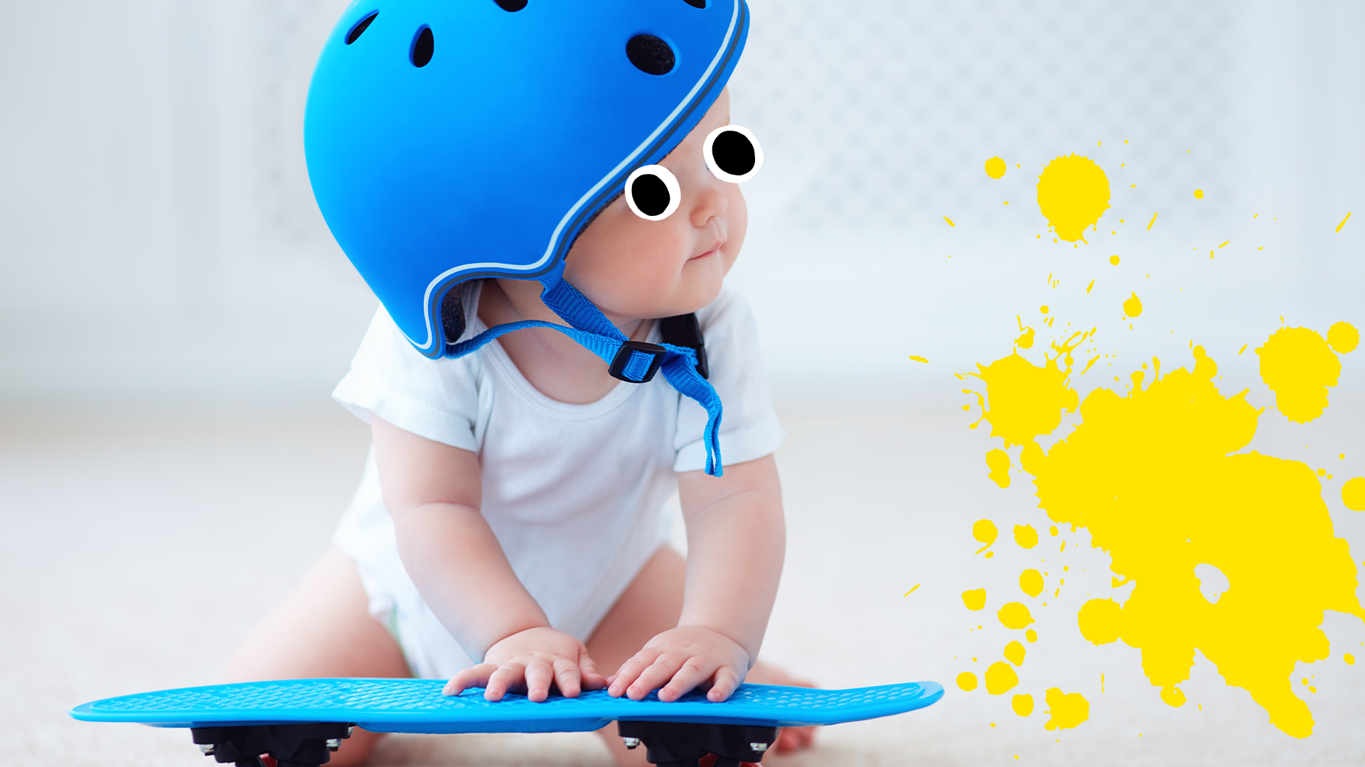 Baby with a skateboard and yellow splat