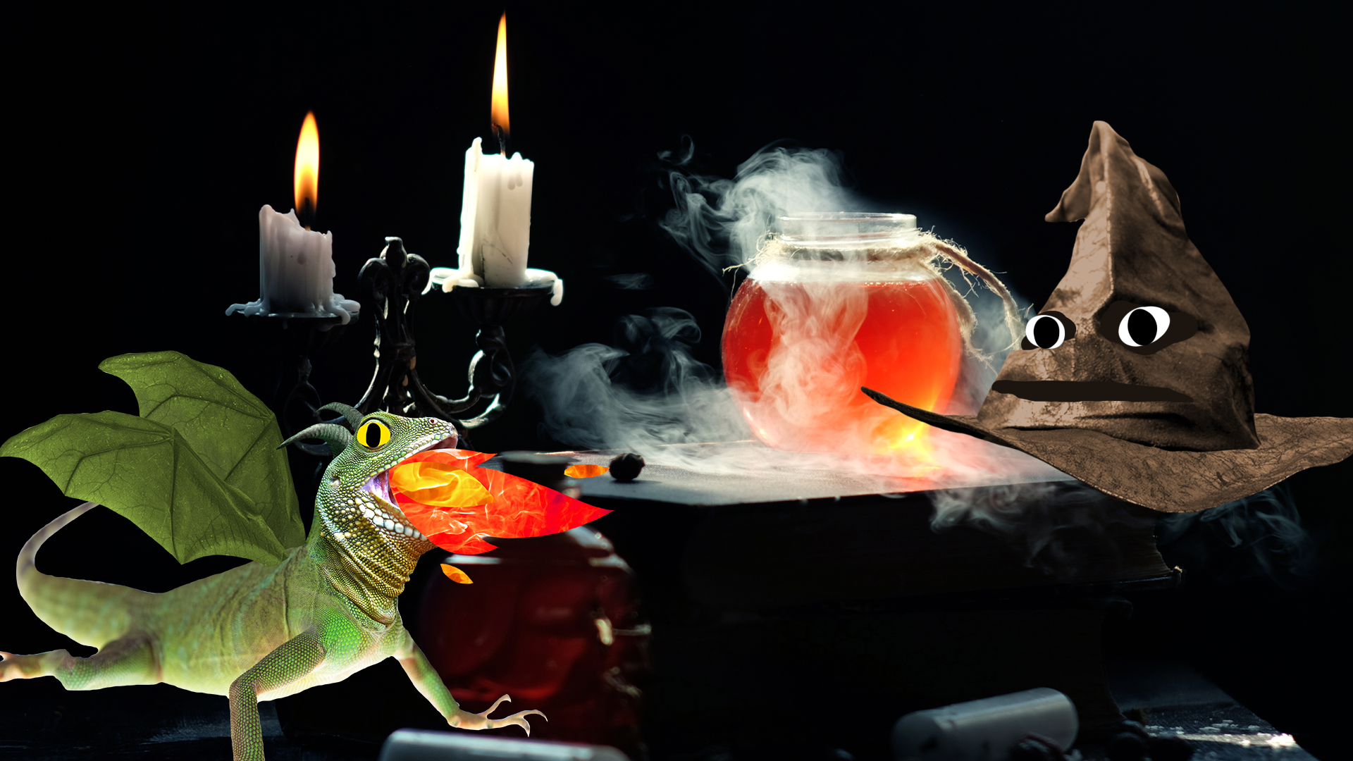 Potion, candle, sorting hat and dragon