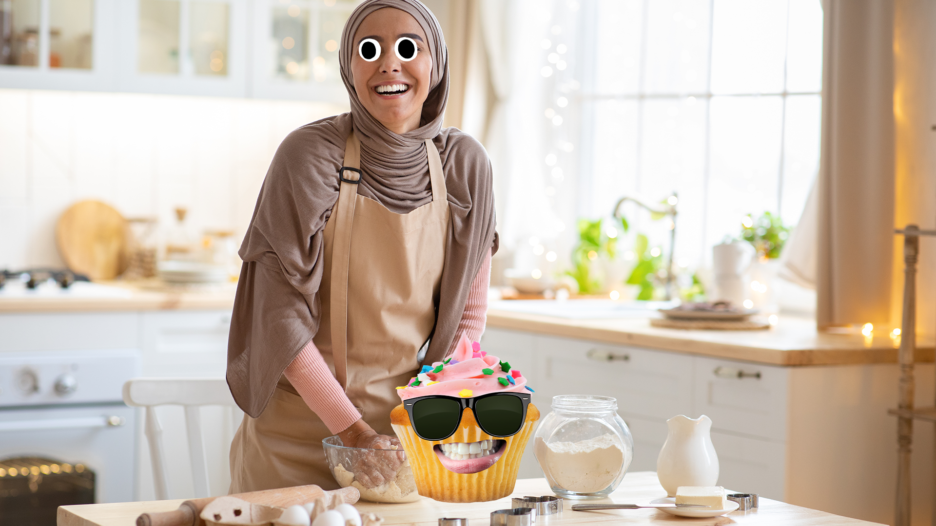 Woman baking in kitchen with derpy cupcake