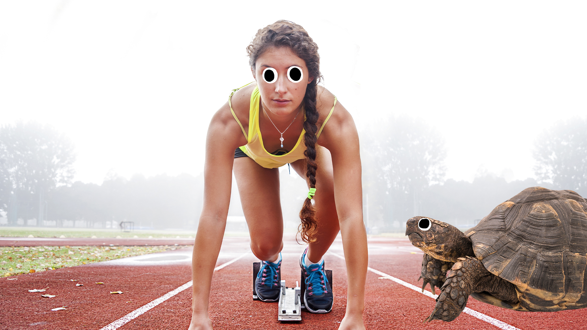 Woman athlete ready to run with Beano tortoise