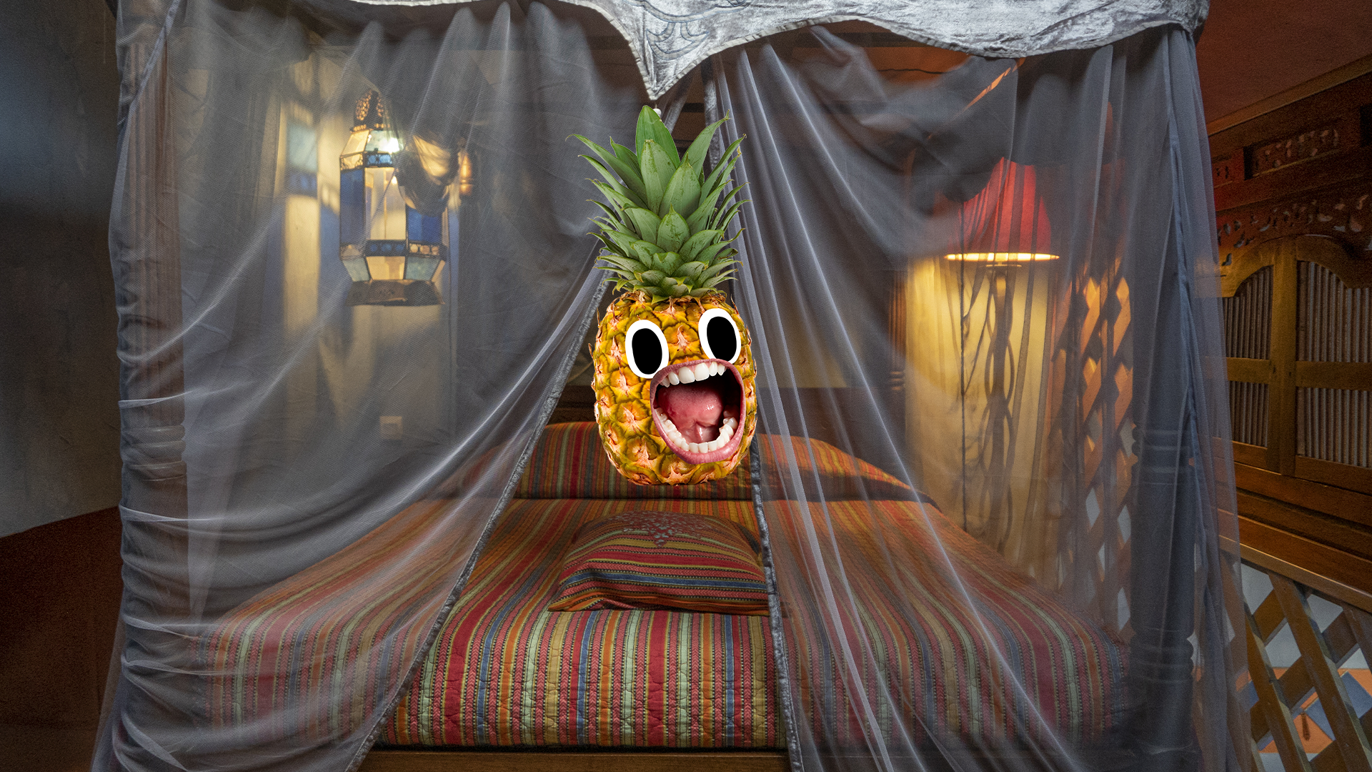 Screaming Pineapple on four poster bed