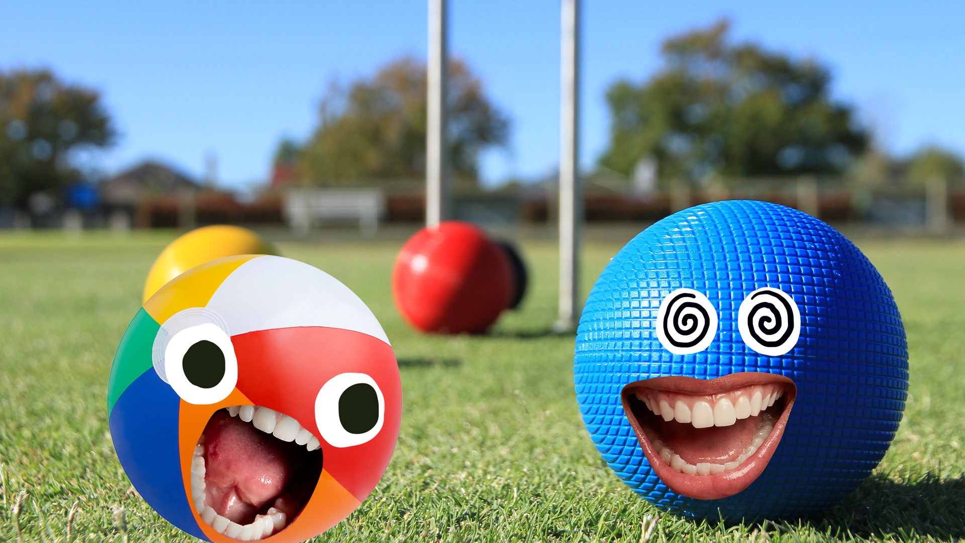 Croquet equipment on lawn, ball with face and beach ball with face