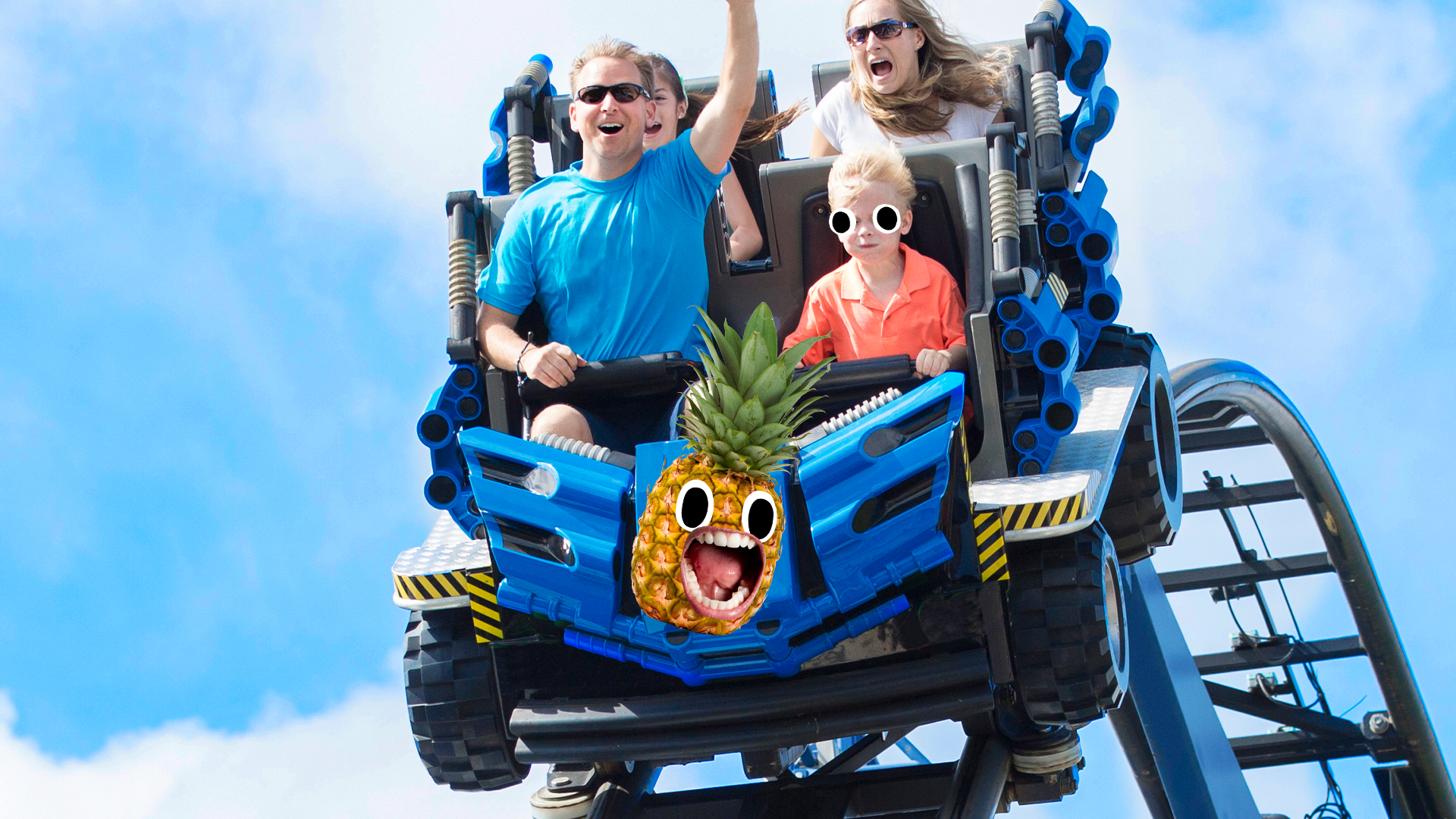 Family on rollercoaster with screaming pineapple