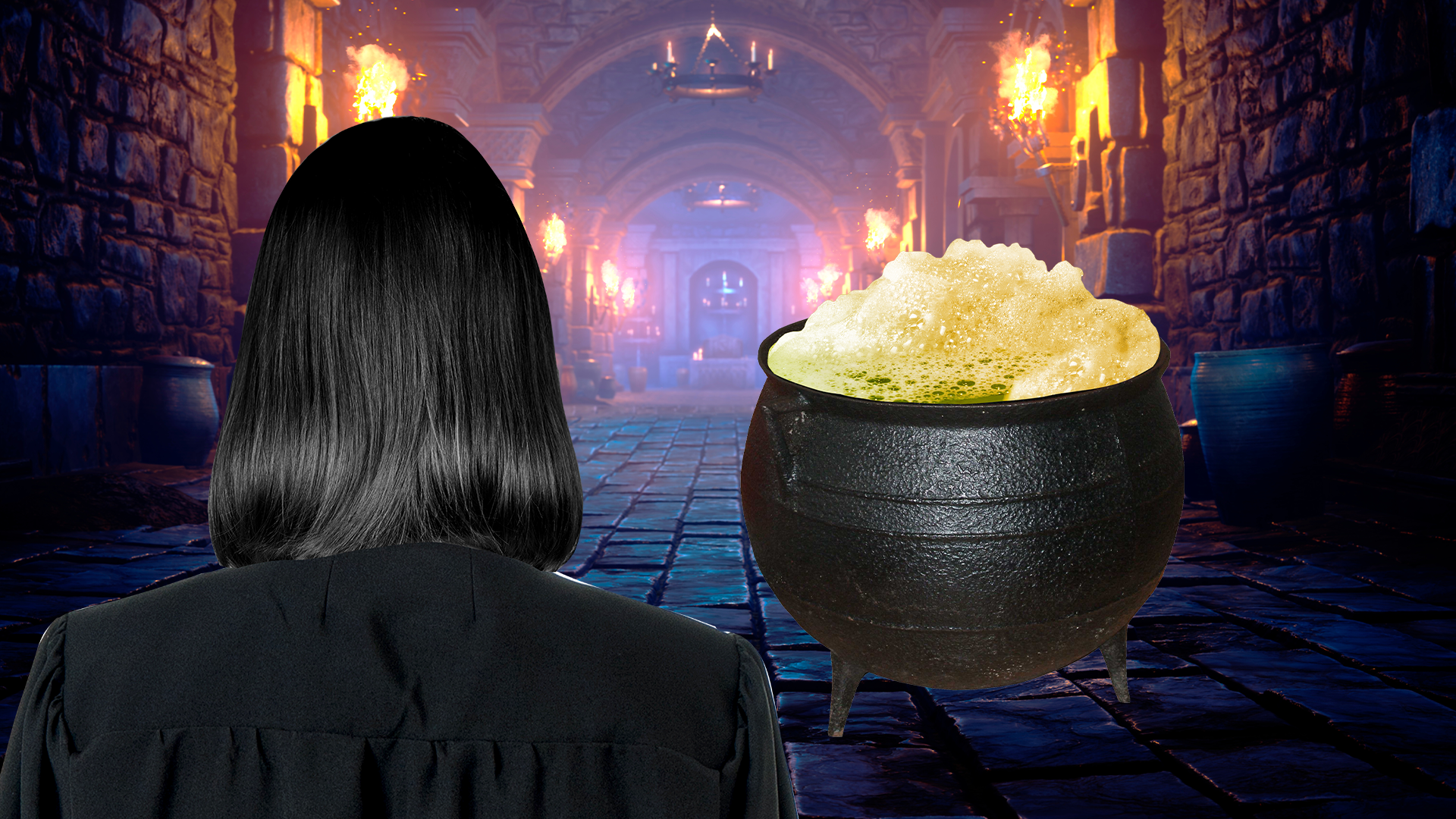Snape head and cauldron in dungeon 