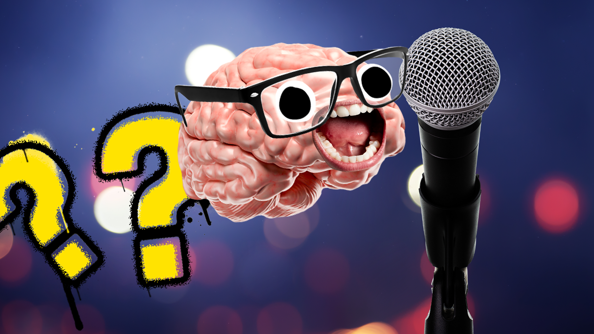 Brain with face next to microphone and question marks 