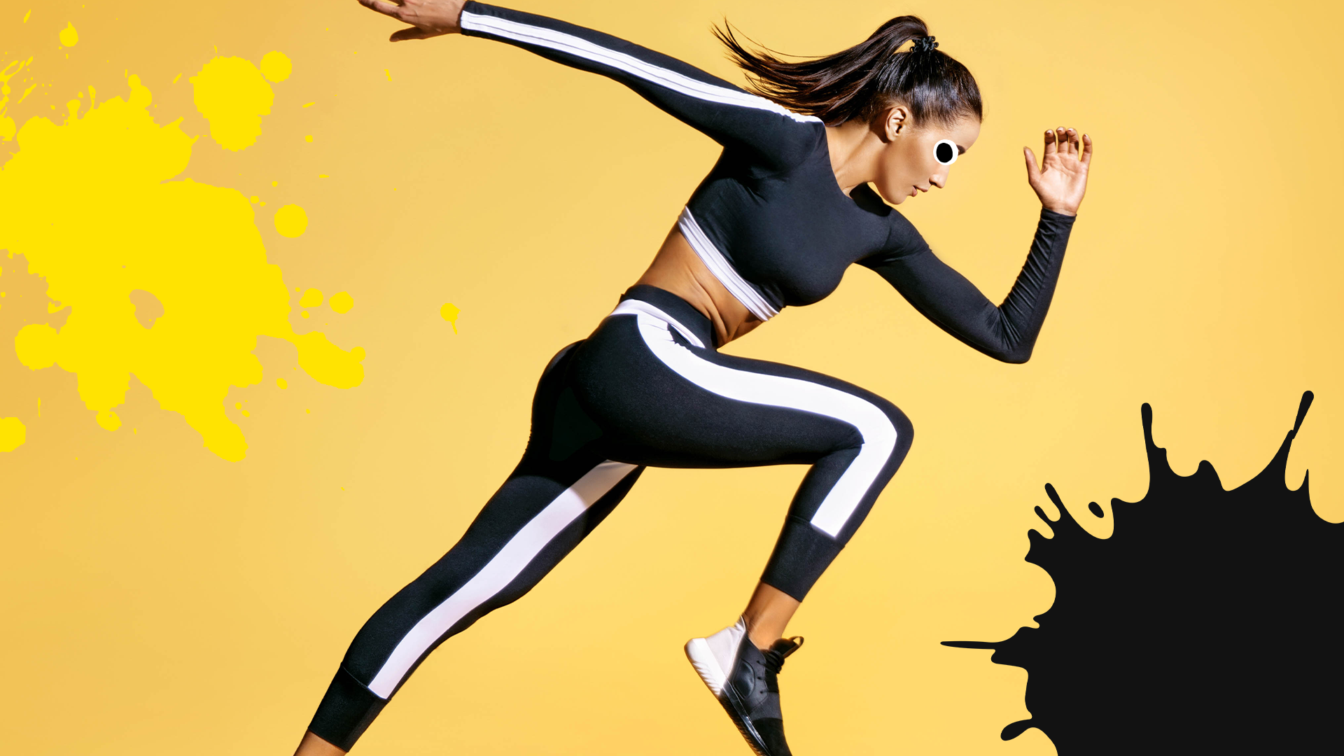 Woman running on yellow background with splats 