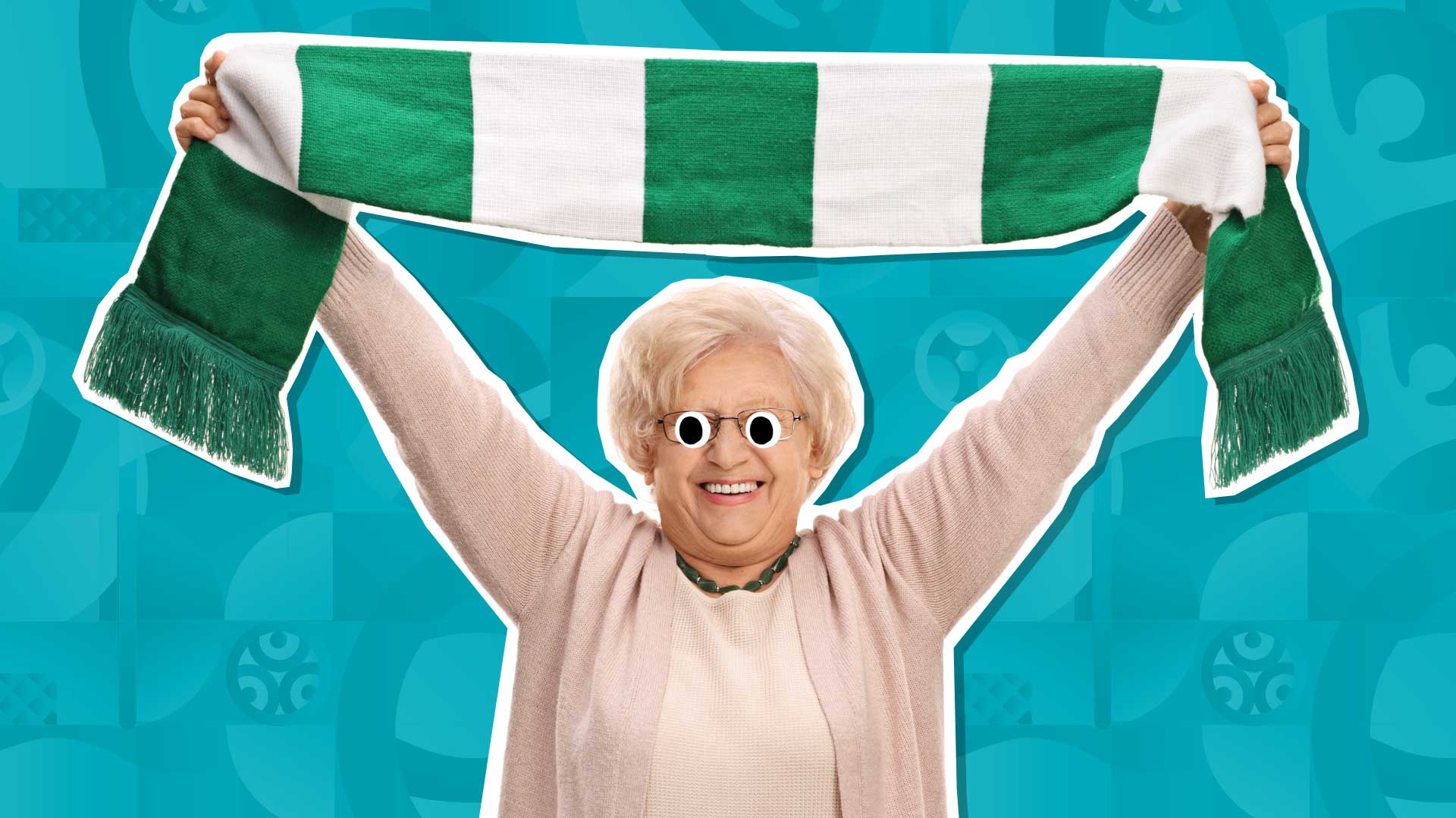 A grandmother with a green and white football scarf