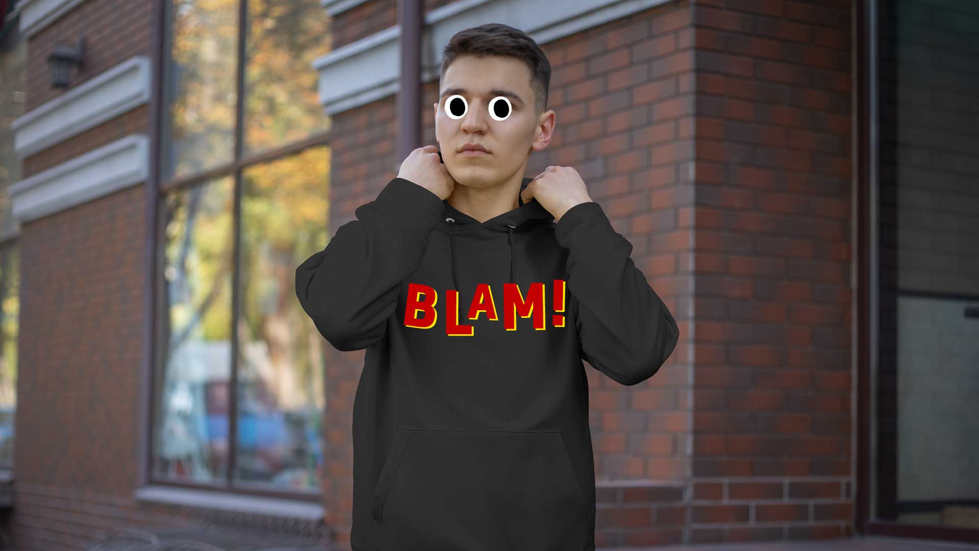A cool hoodie with BLAM printed on the front