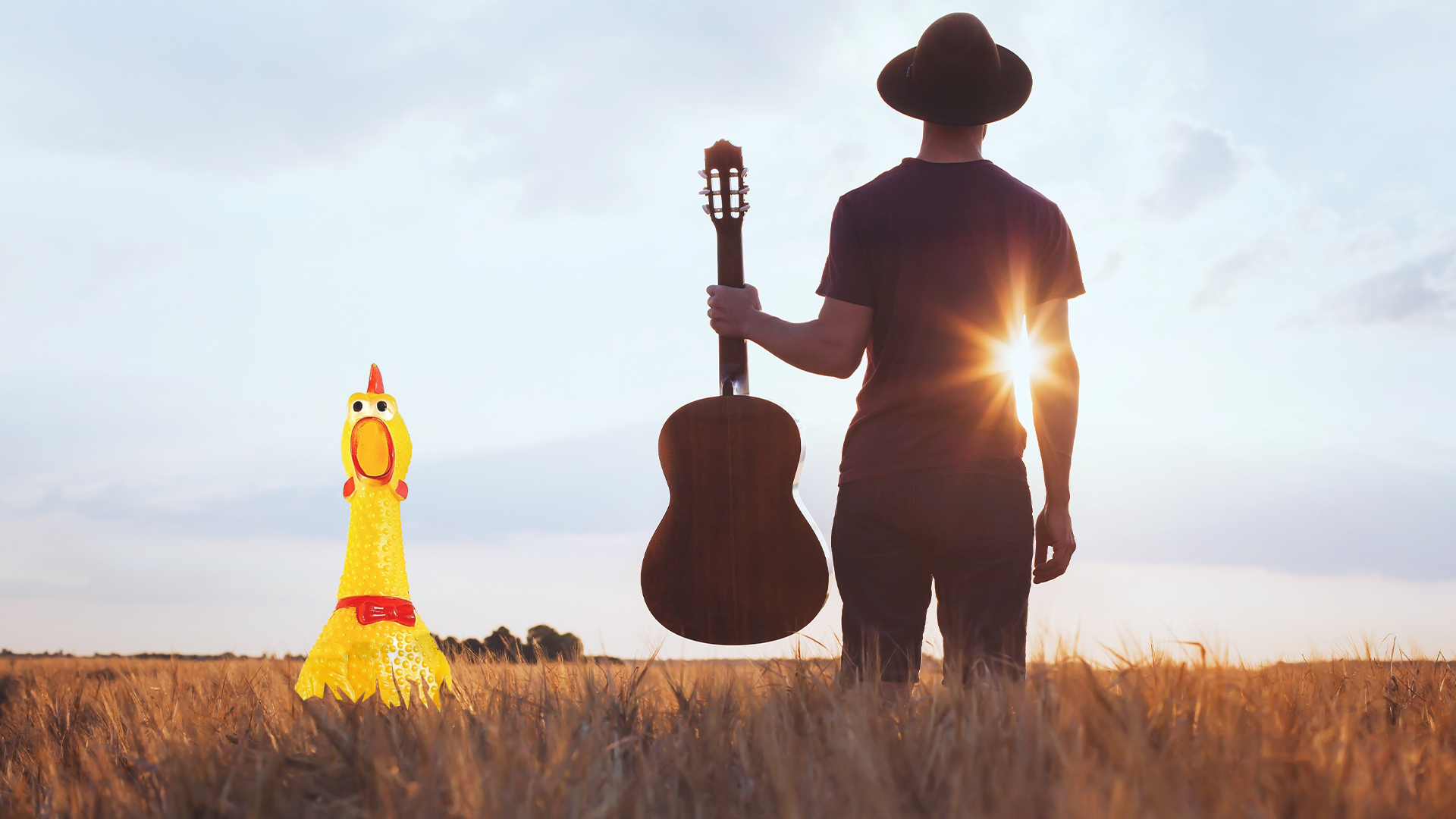Man with guitar and cowboy hat in a field, with rubber chicken peeking out from the grass