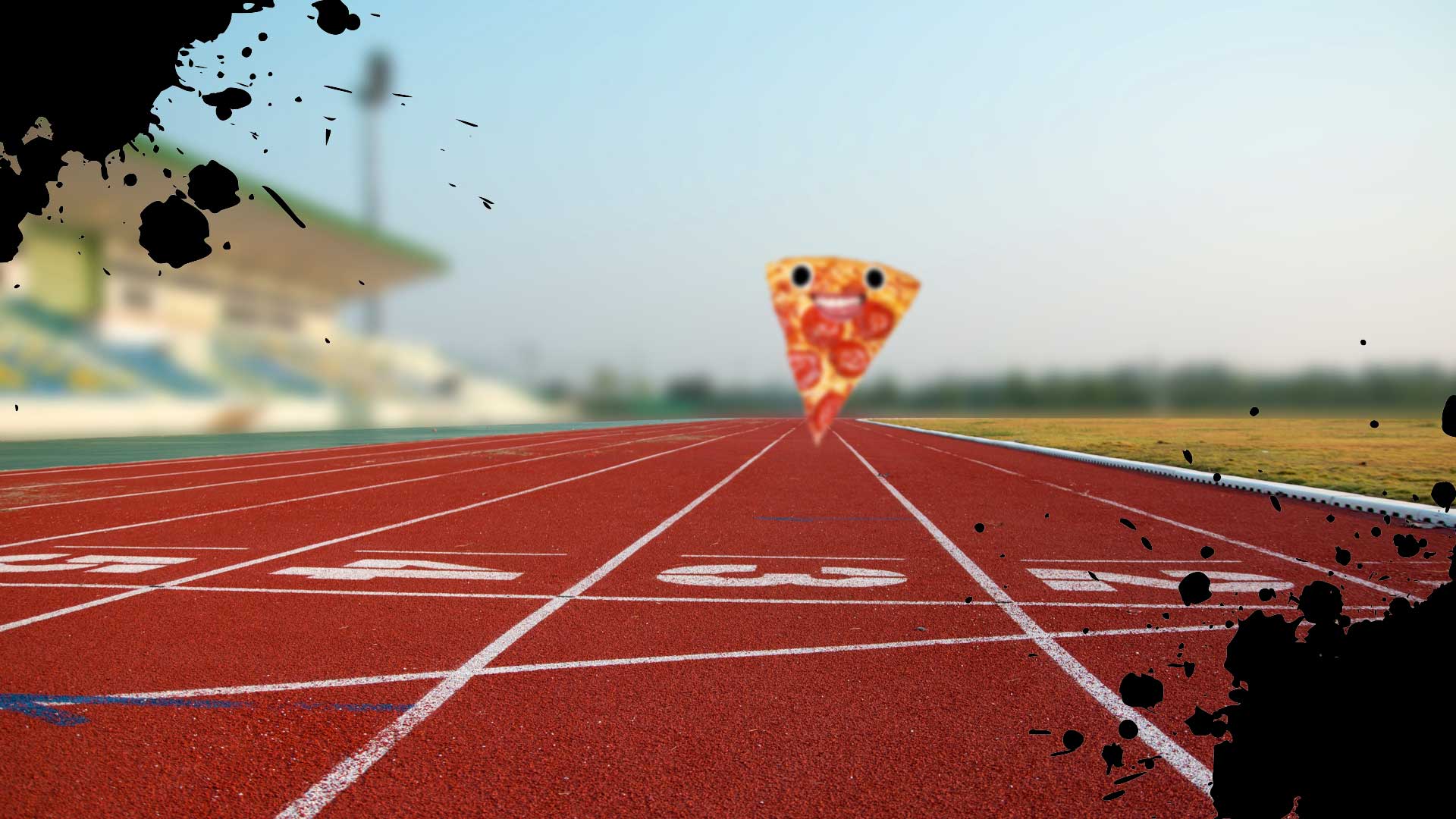A slice of pizza running on an athletics track