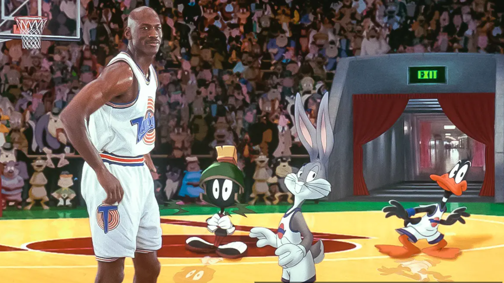 Michael Jordan, Bugs Bunny, Marvin the Martian and Daffy Duck on the basketball court