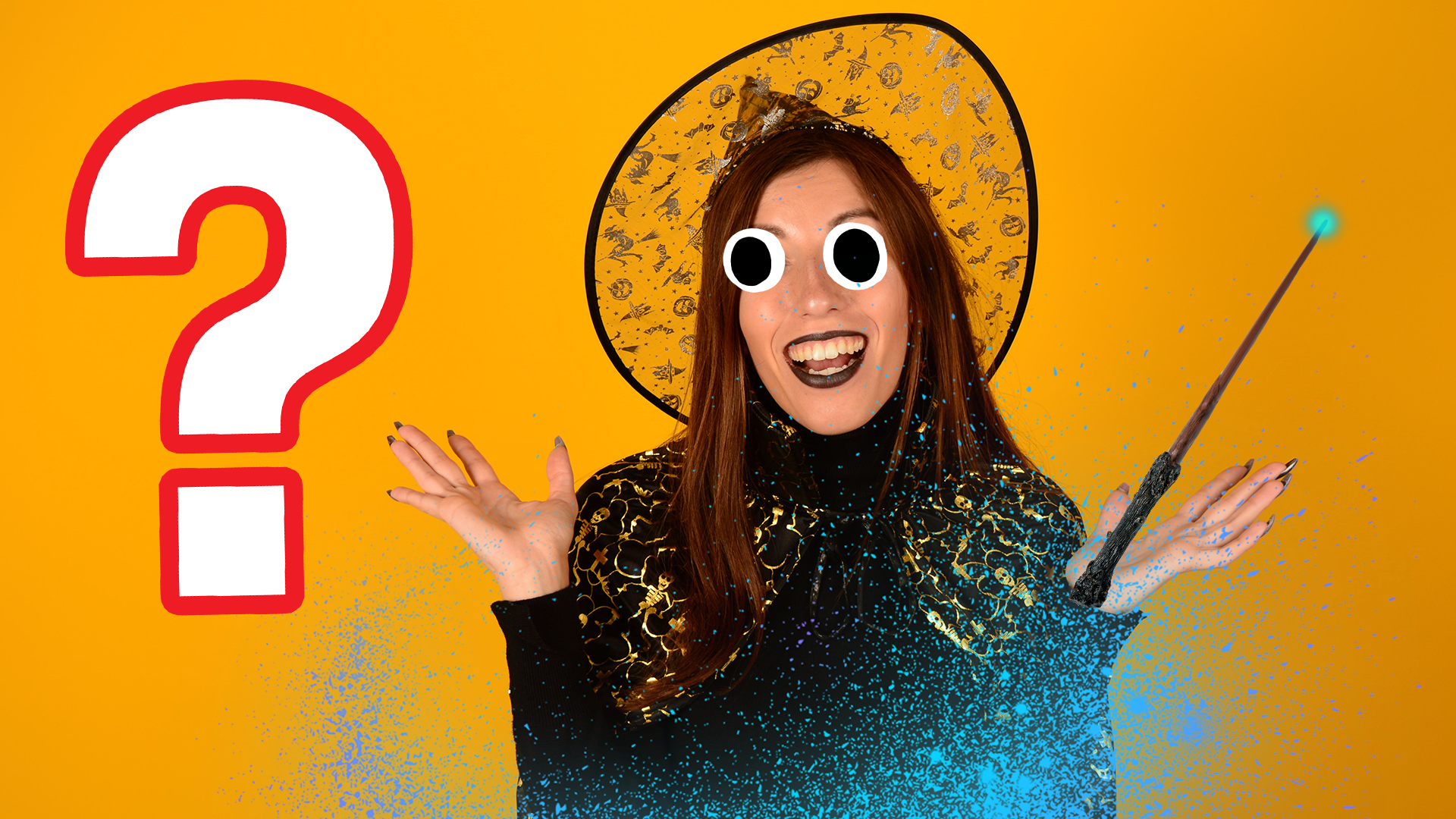 Woman dressed as witch on yellow background with magic splat and question mark