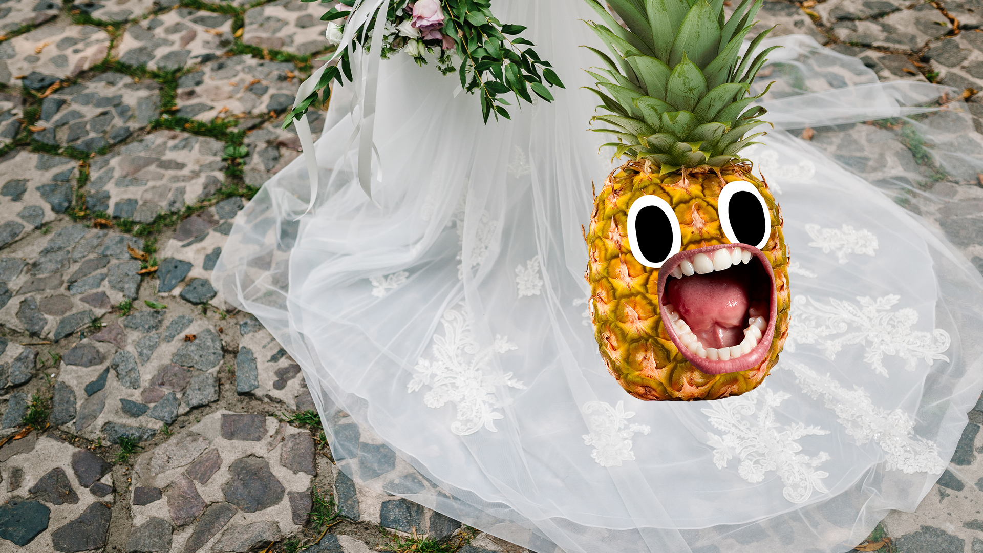 Wedding dress train with screaming pineapple on it