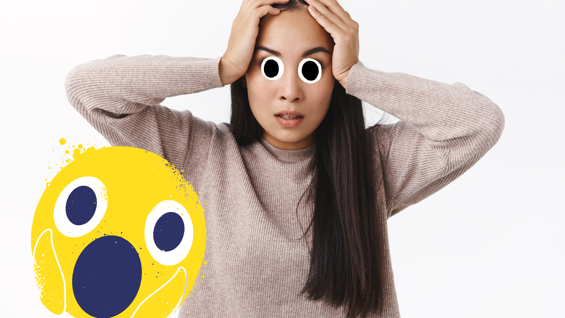 Panicked woman on white background with shocked emoji