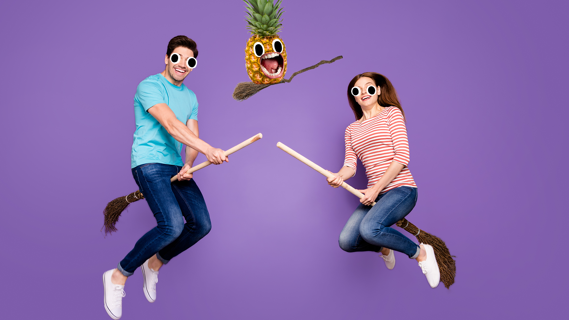 Man and woman on brooms on purple background, with Beano pineapple on broom