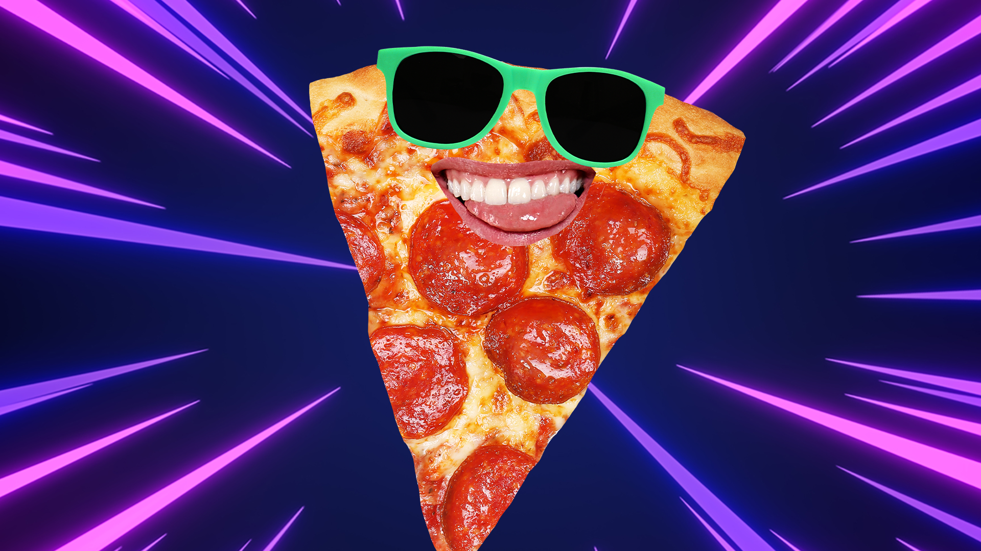Smiling Beano pizza slice on laser background