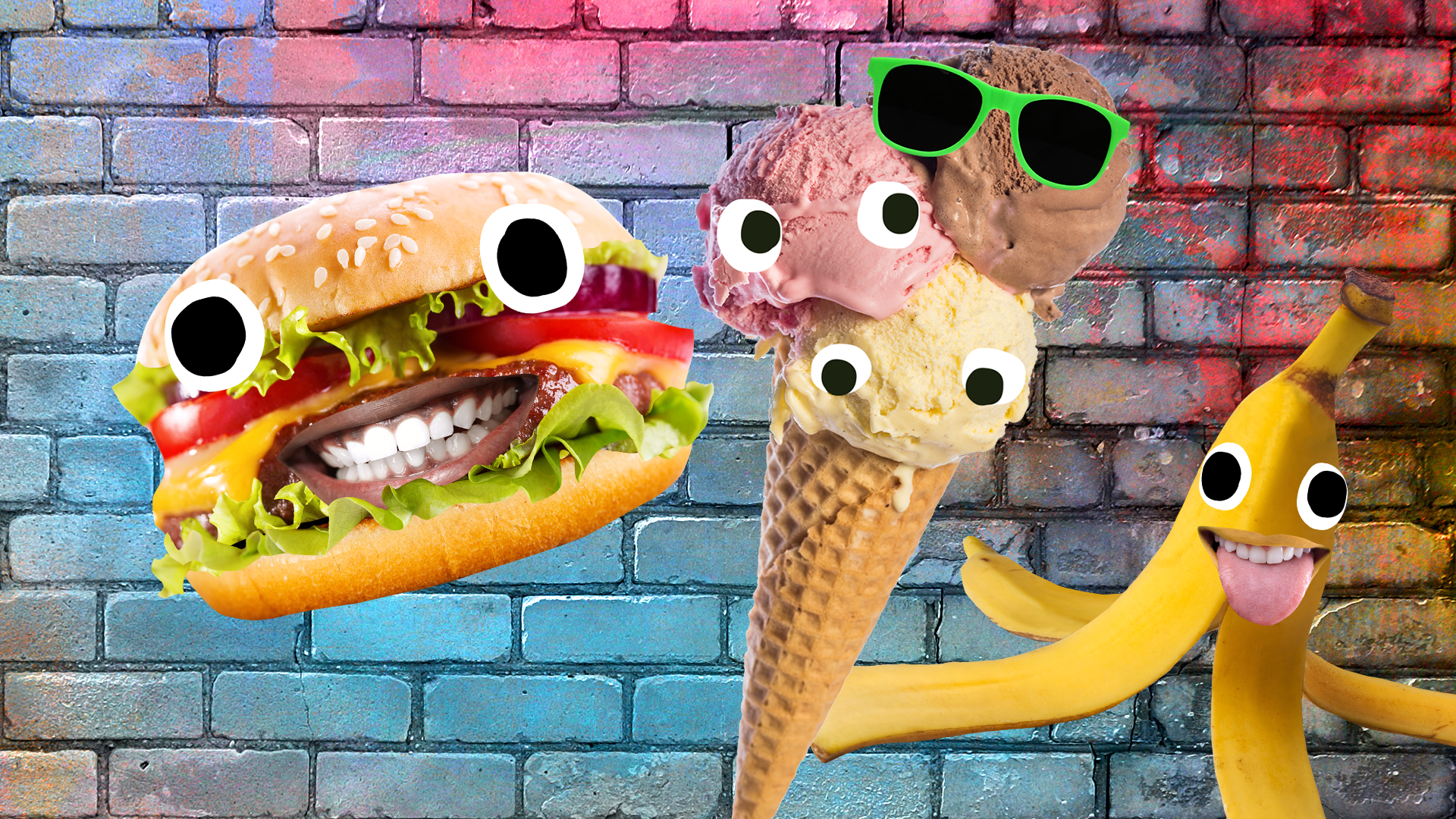 Beano burgers, ice cream and banana on wall background 