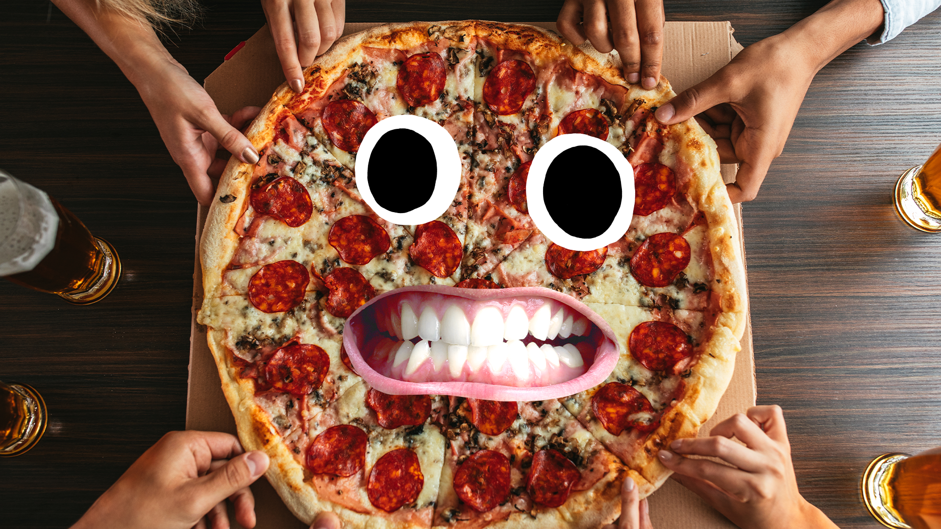 hands reaching for pizza with goofy face